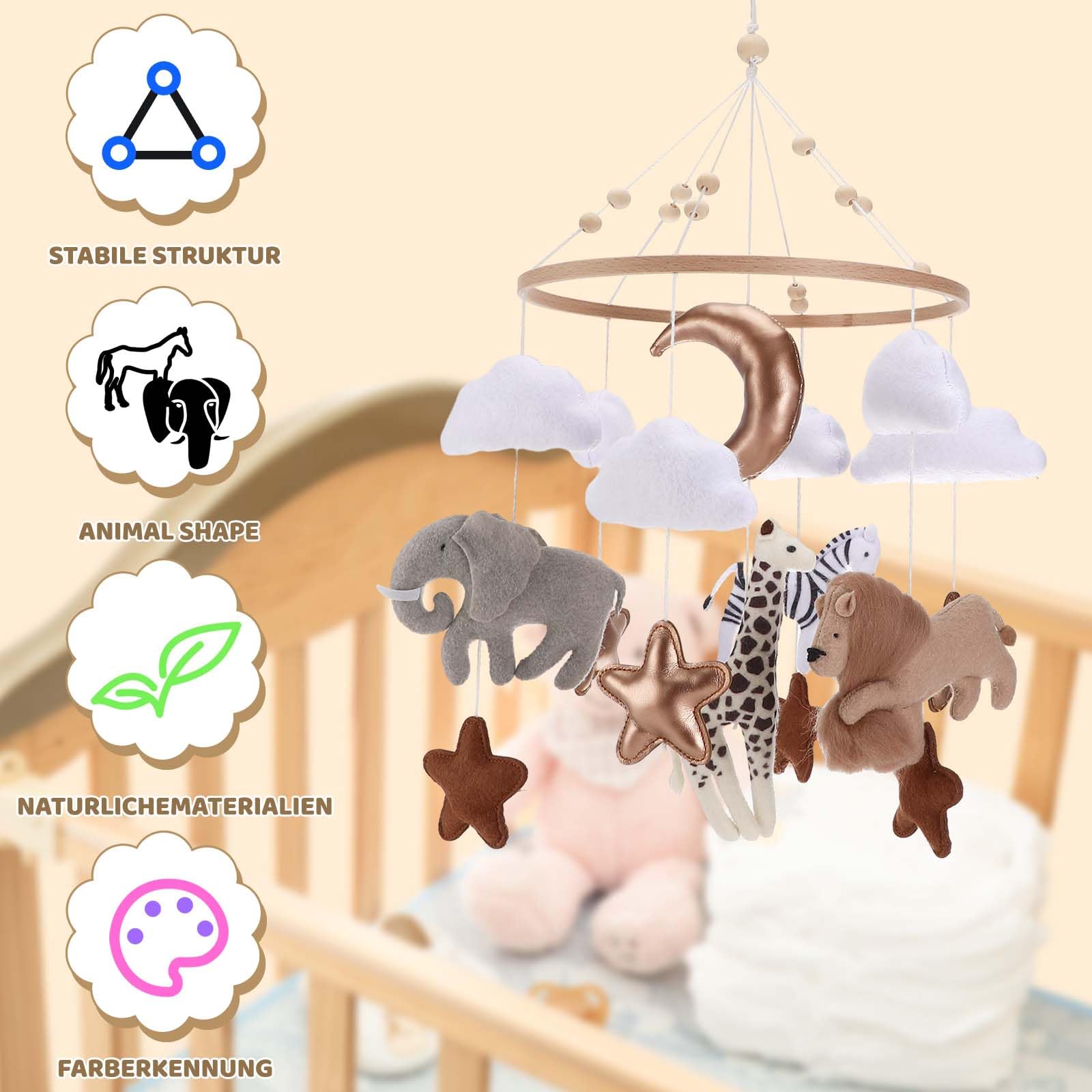 Collazoey Lettino mobile per bambini, Scacciapensieri mobile per bambini animali della foresta, ciondolo mobile per bambini elefante giraffa leone nuvola, regalo per bambine o bambini