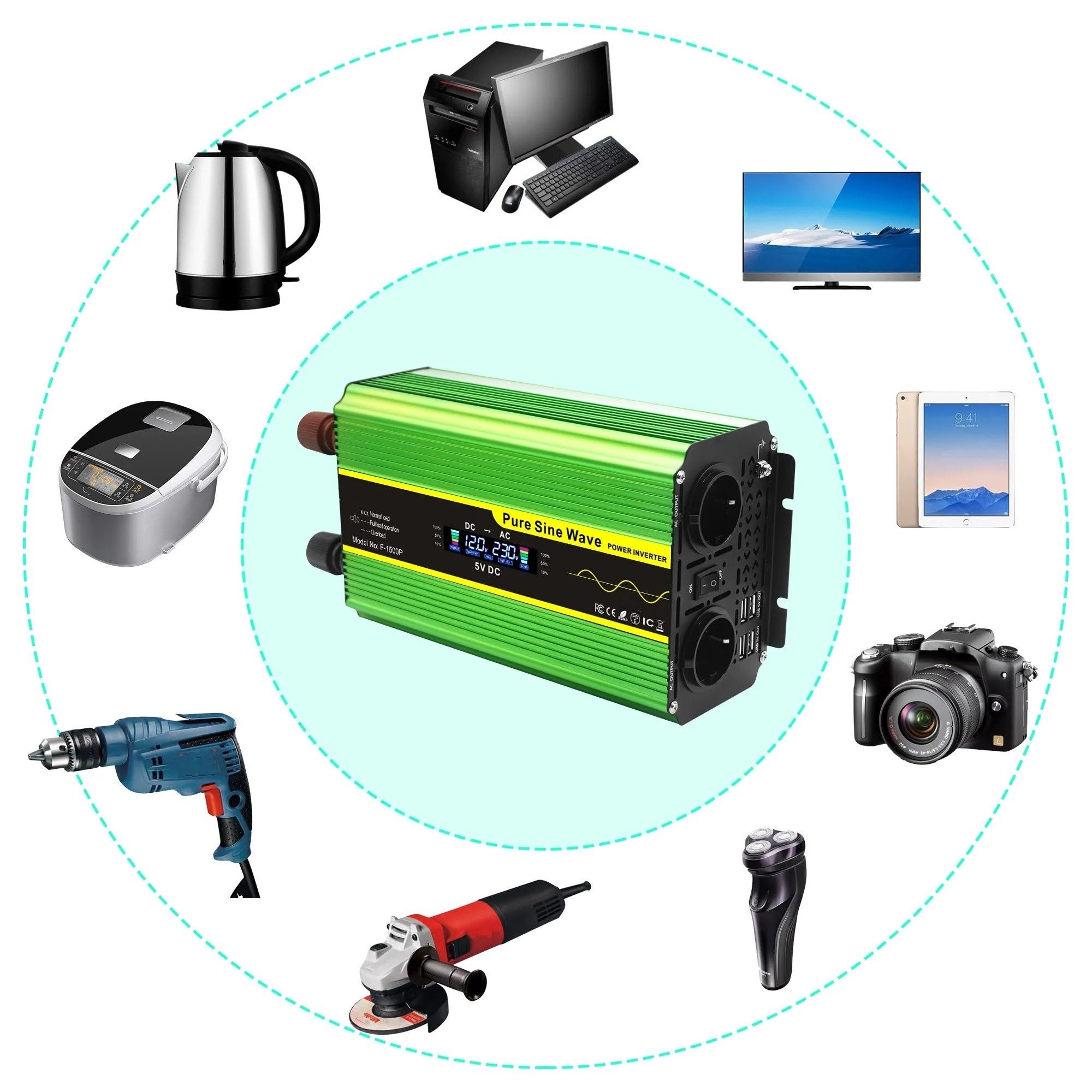 Power Inverter Per Sistemi Generazione Energia Domestica LCD Per Inverter A Onda Sinusoidale Pura DC12V AC 110V/220V Invertitore Potenza Inverter Professionali Invertitore(12V,220-240V EU SOCKET_6000W