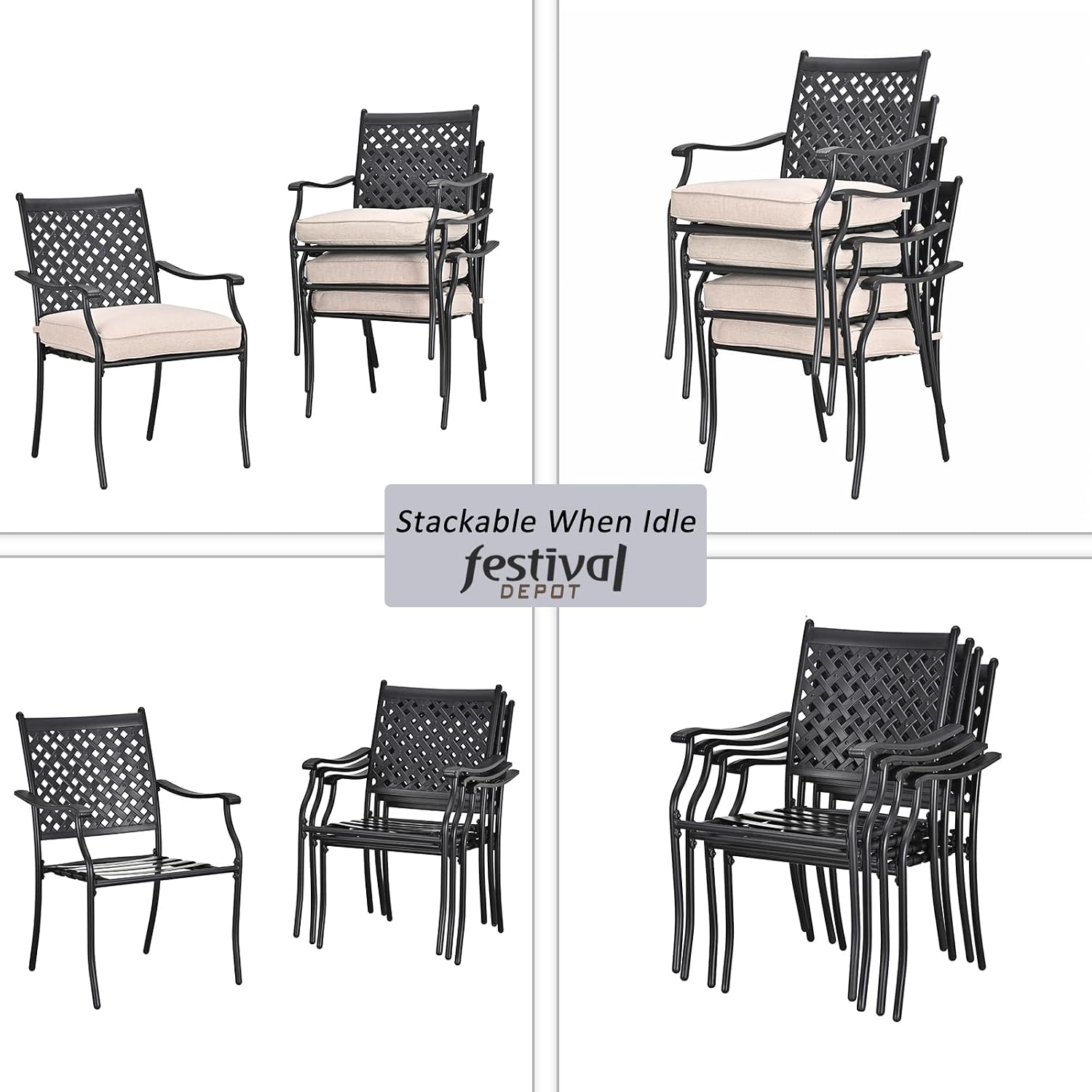 Festival Depot 4 Piece Outdoor Patio Dining Chairs Set Wrought Iron with Arms and Cushions for Porch Lawn Garden Balcony Pool Backyard Deck (Beige)