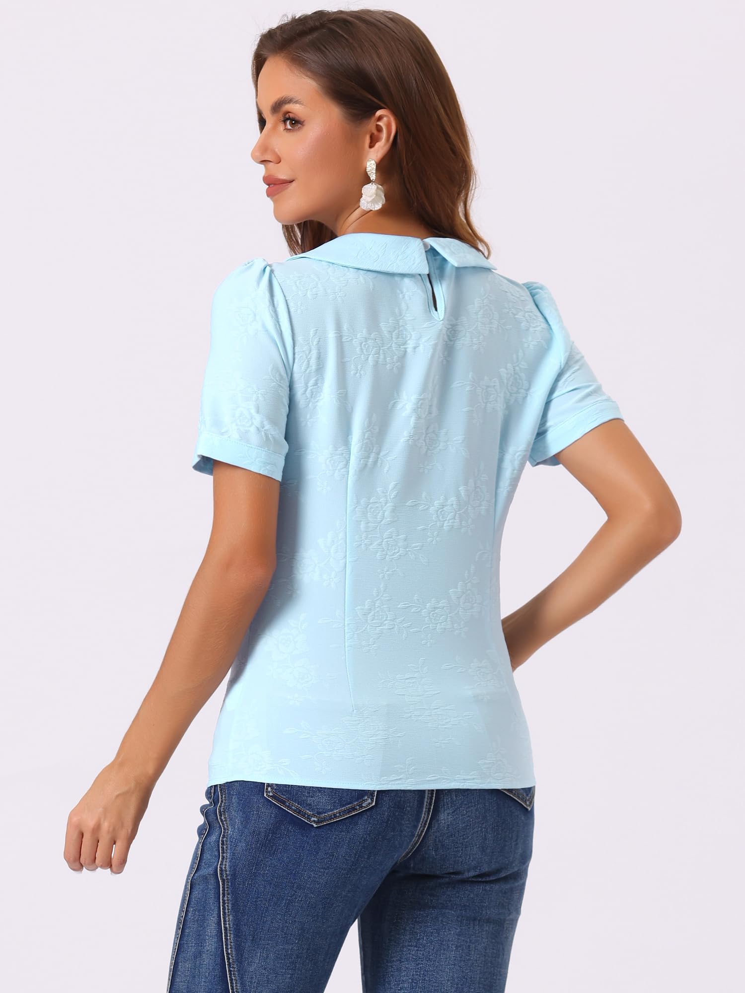 Allegra K Donna Camicetta con Colletto Peter Pan per Top Kawaii a Maniche Corte a Sbuffo Jacquard Floreale da Donna