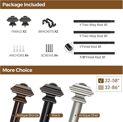 Miniatura 9 de KAMANINA Barra de cortina de 1 pulgada de 32 a 58 pulgadas (2.6-4.8 pies), barras de cortina negras para ventanas, barras de cortina individuales
