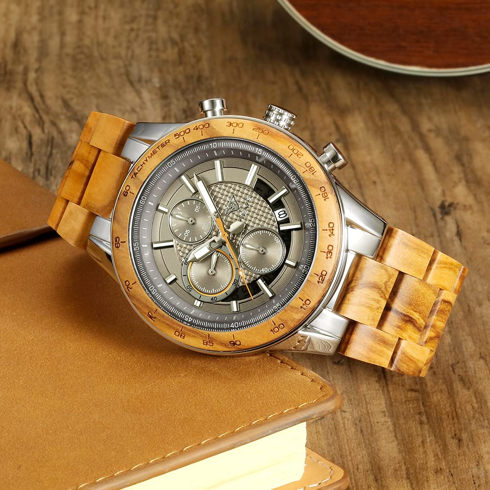 Armbanduhr aus Holz und Edelstahl für Herren, Chronograph mit 3 Zifferblättern, Quarz, Freizeit, Business, Multifunktionsuhr, aus Holz, handgefertigt