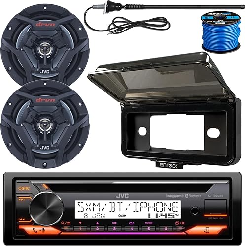 Paquete de receptor de reproductor de CD de radio USB AUX AM/FM con Bluetooth marino DIN único con 2 altavoces de audio de barco impermeables negros