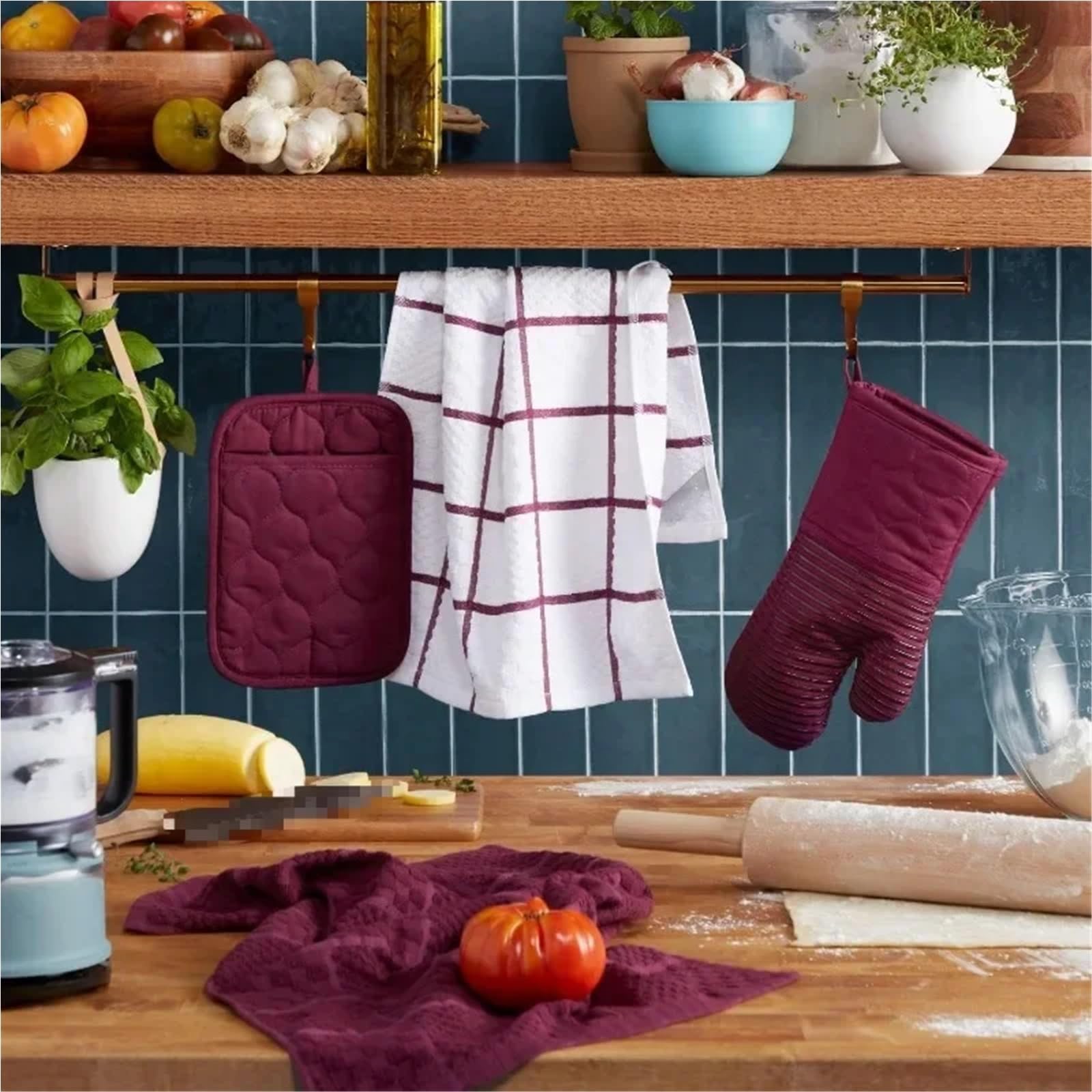 Gesteppter Ofenhandschuh aus Baumwollfrottee, hitzebeständiger Topflappen, 16"x26", 7"x13" und 7"x10", Rot
