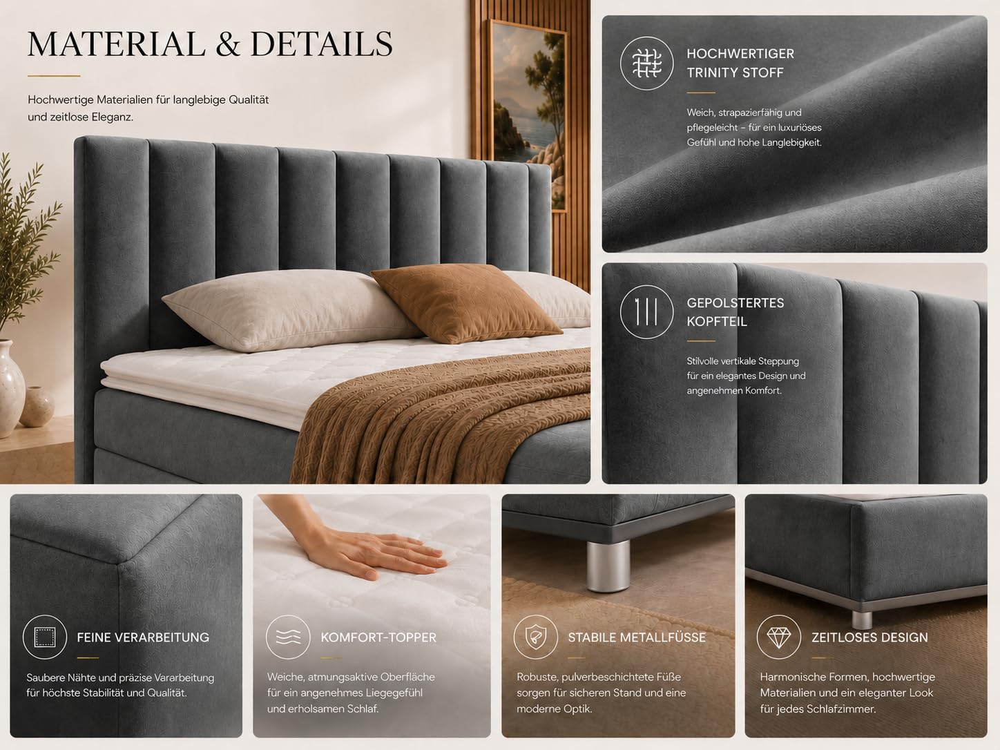 Boxspringbett mit Bettkasten Trinity K-10 Bonellfederkern inkl. Topper 200x200 Graphit