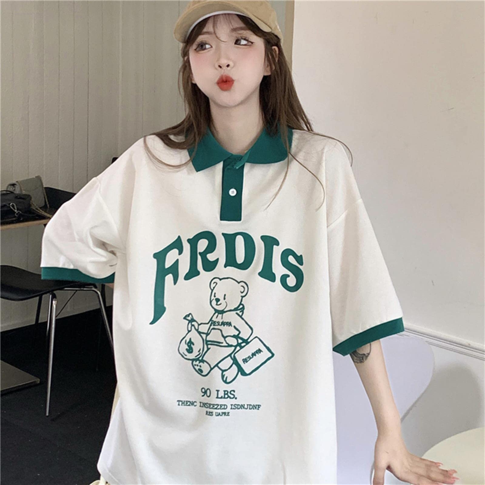 Camiseta para Mujeres Camisa de Gran tamaño de Manga Corta Lapa de Oso Informal-White,L