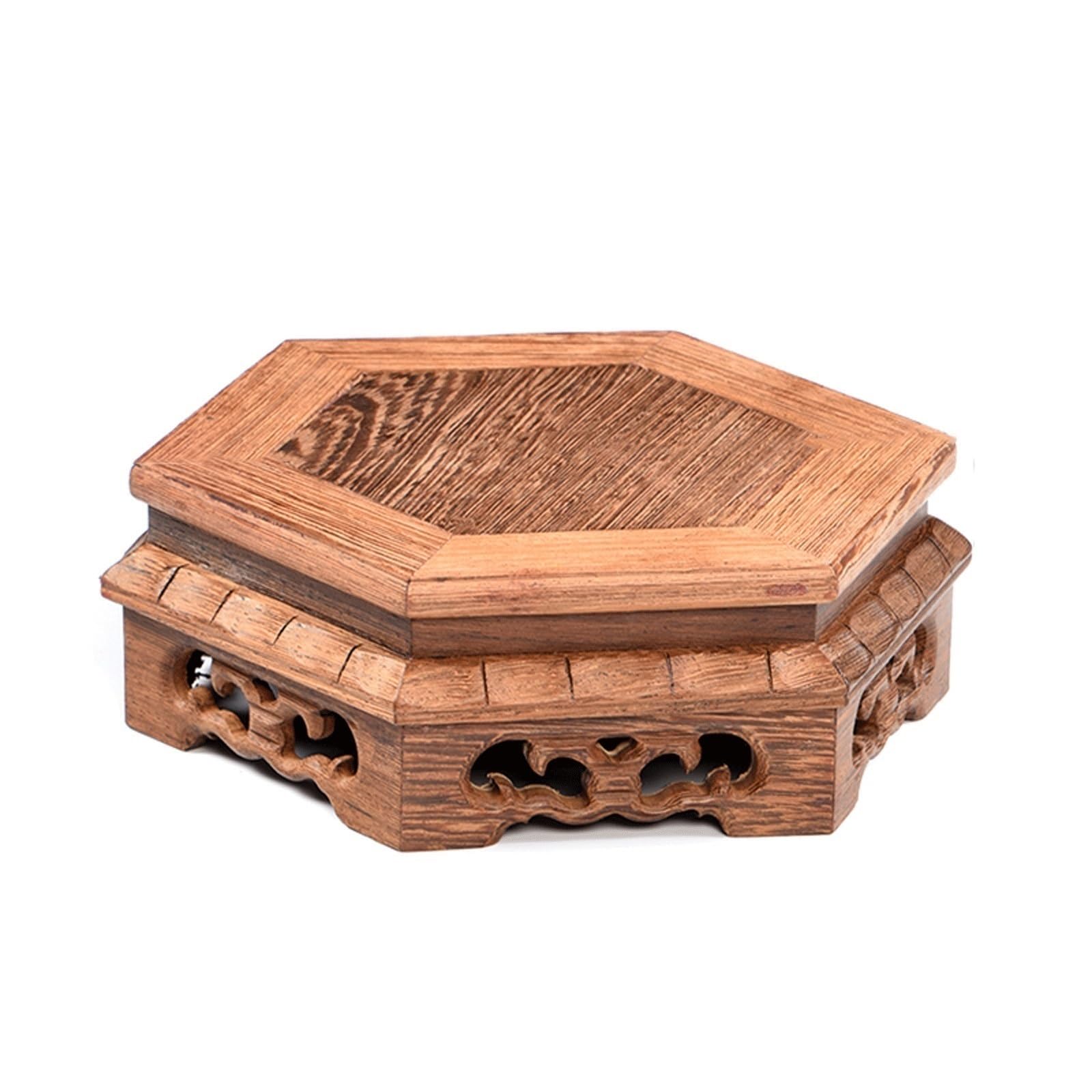 MPOPO Bonsai Pedestal 15/19/24cm Diameter Wooden Vase Base Carved Pattern Stone Teapot Vase Display Stands Pedestal Base(A)