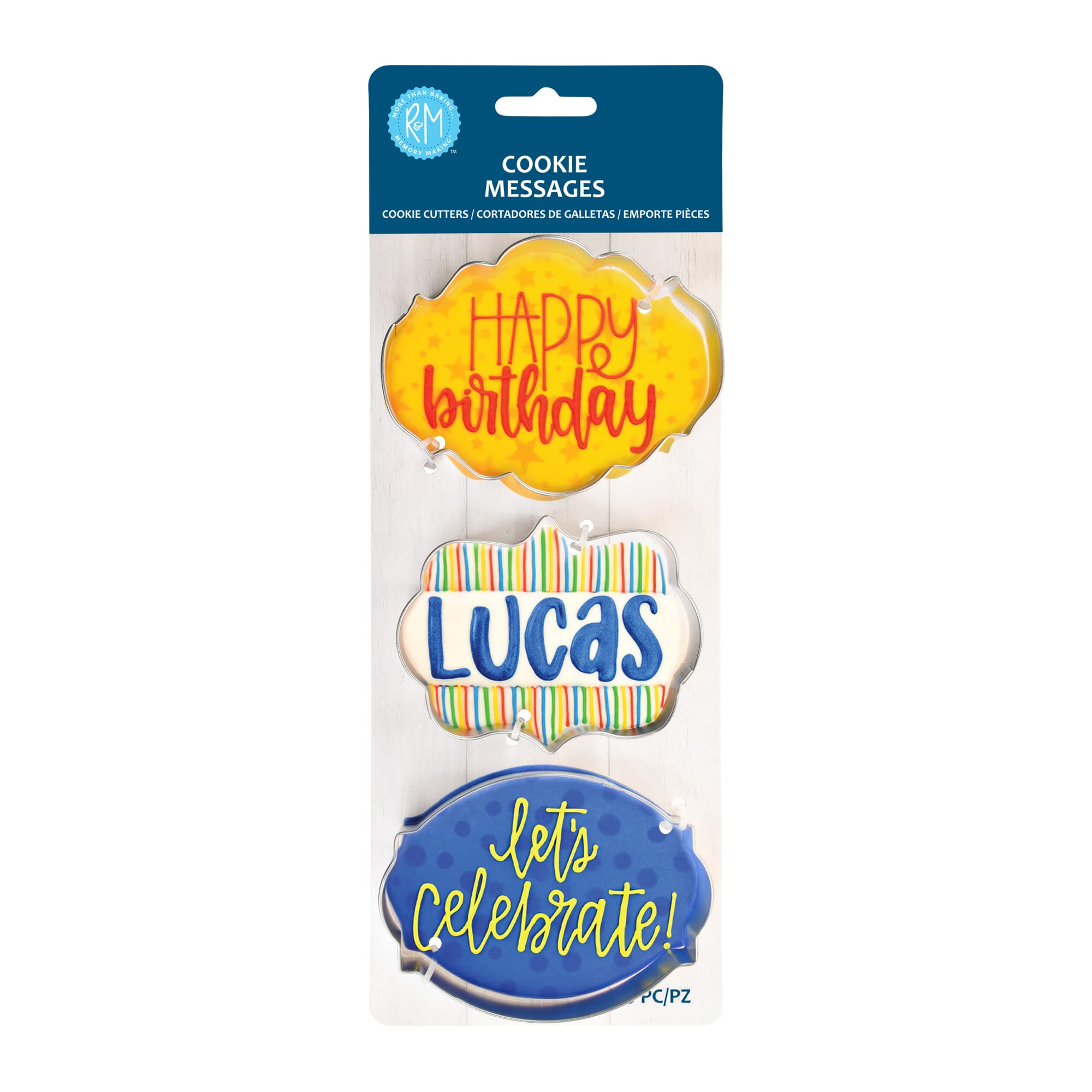 R&MBirthday Message Cookie Cutter 3 Piece Set. Includes Elegant, Name and Cameo Plaque Cookie Cutter