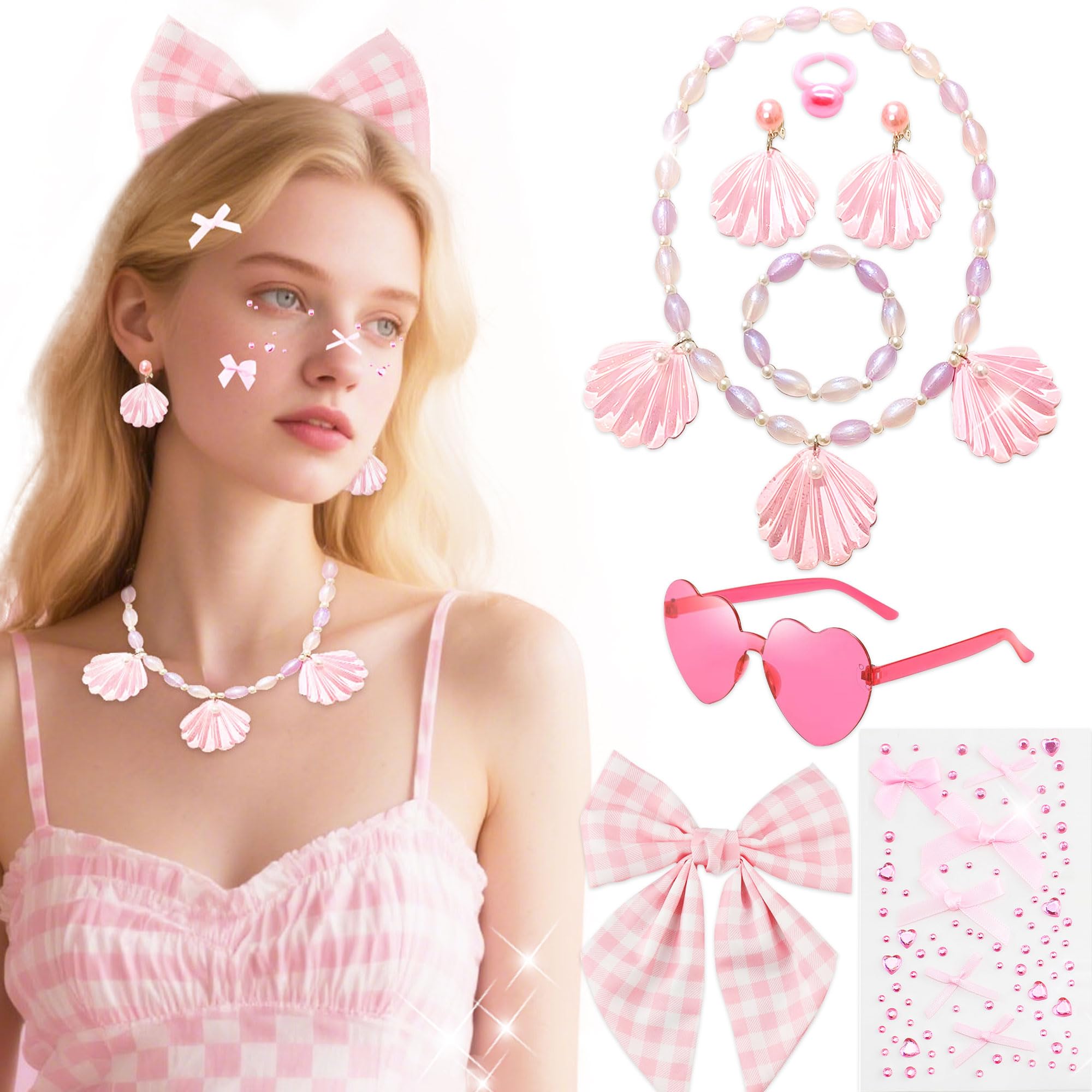 BACH AND BOOZY Pink Accessories Doll Party Necklace Bracelets Earrings Sunglasses Bow Hair Clip Bows Face Stickers for Pink Girl Cosplay Costume Halloween Party