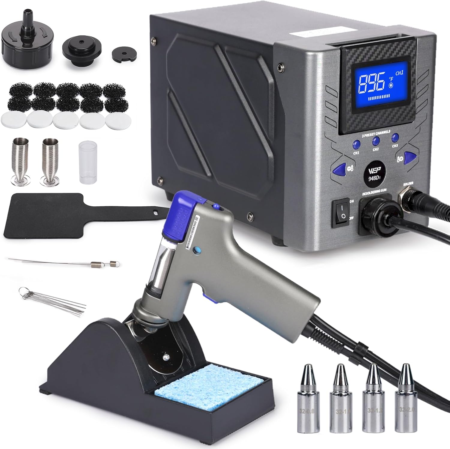 WEP 948D-I 110W High Power Desoldering Station with 4 Desoldering Nozzles, Temperature-Controlled with 3 Pre-set Channels, Tiltable Display, ESD-Safe