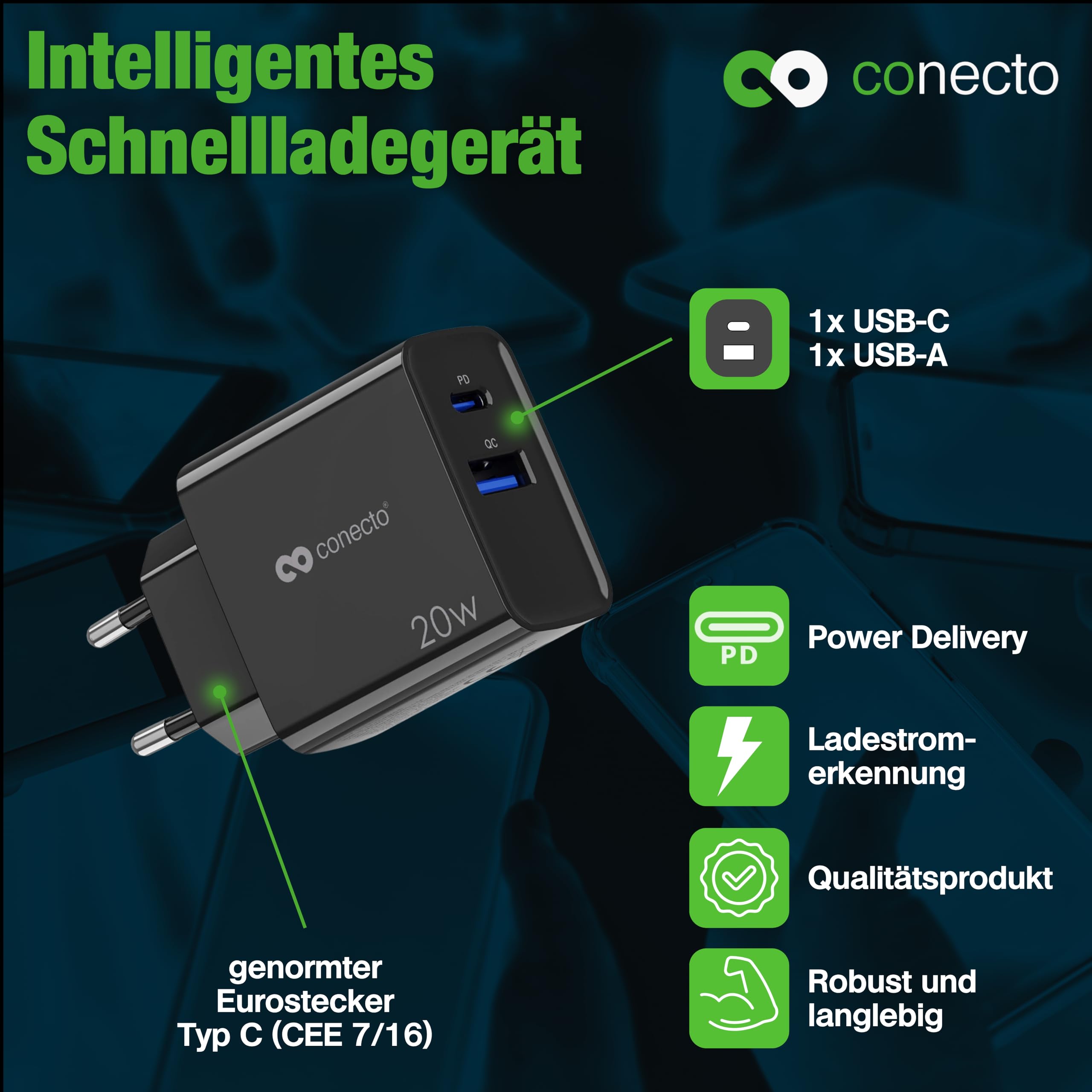 conecto Ładowarka USB C, 2-portowy adapter, zasilacz sieciowy 20 W, szybka ładowarka kompatybilna z Apple iPhone 15, Samsung, tabletem, laptopem UVM, ładowarką PD QC, czarna