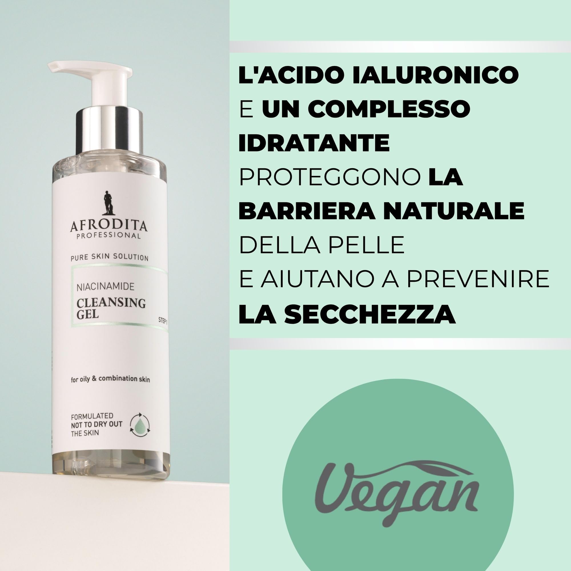 Afrodita Professional Niacinamide gel detergente per pelli grasse e miste, detergente delicato per il viso con acido ialuronico, pulizia profonda dei pori, 94% di origine naturale, senza alcool e
