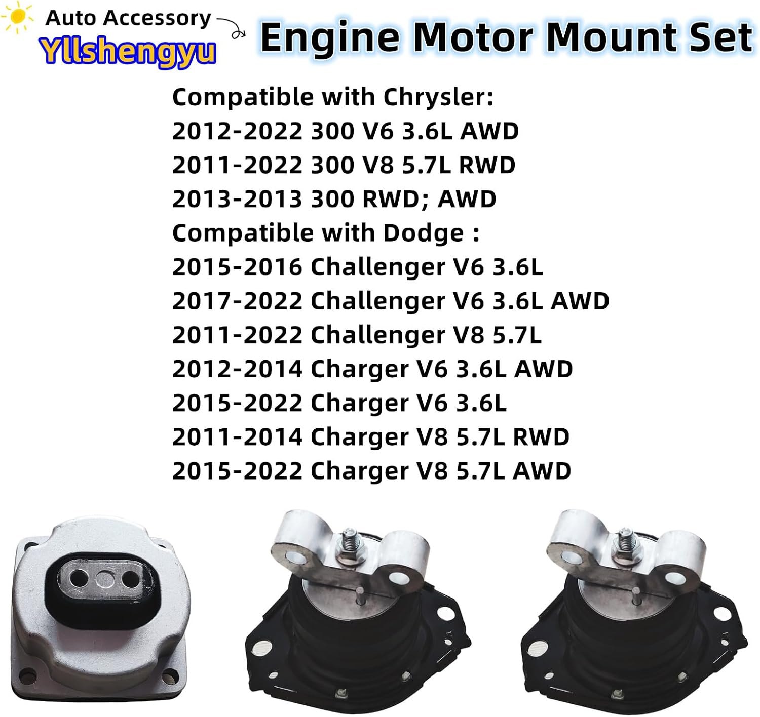 3pcs Engine Motor & Transmission Mount Kit for 2011-2022 Charger/Challenger/Chrysler 300 3.6L V6/5.7L V8 Replacement A5388 A5522 3162 3262