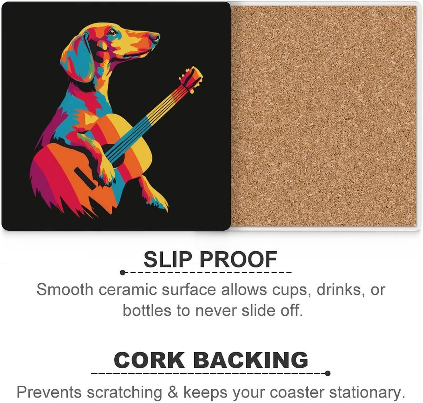 Dachshund Playing Guitar Coaster for Drinks Square Ceramic Table Coasters Stone Mat Crafts 4PCS Home Kitchen Decor