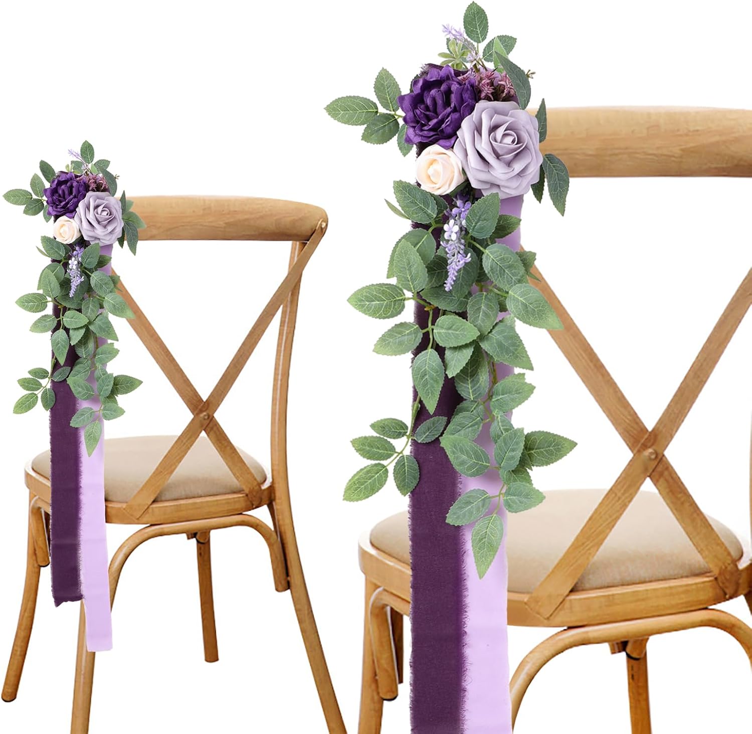 Wedding Aisle Pew Flowers Set of 6, Purple Rose Chair Decorations Floral Arrangements Aisle Flowers with Chiffon Ribbons for Wedding Ceremony Party Church Chair Decor