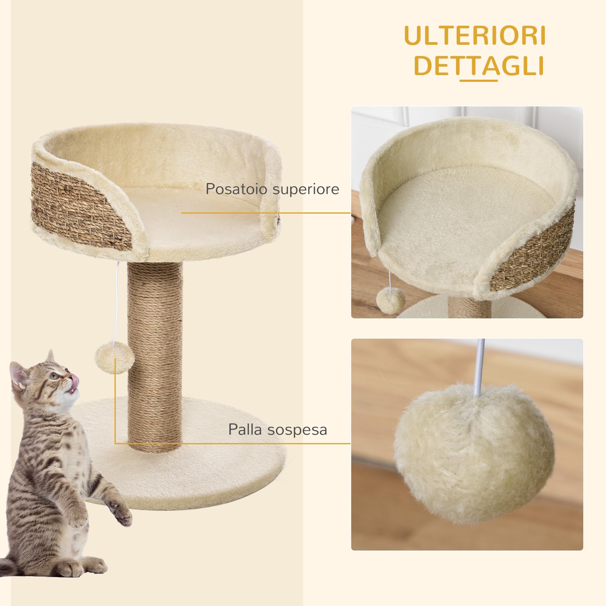 PawHut Albero Tiragraffi per Gatti Adulti e Gattini, Trespolo con Lettino per Gatti, Palo in Juta e Pallina Appesa, 40x40x49cm, Beige