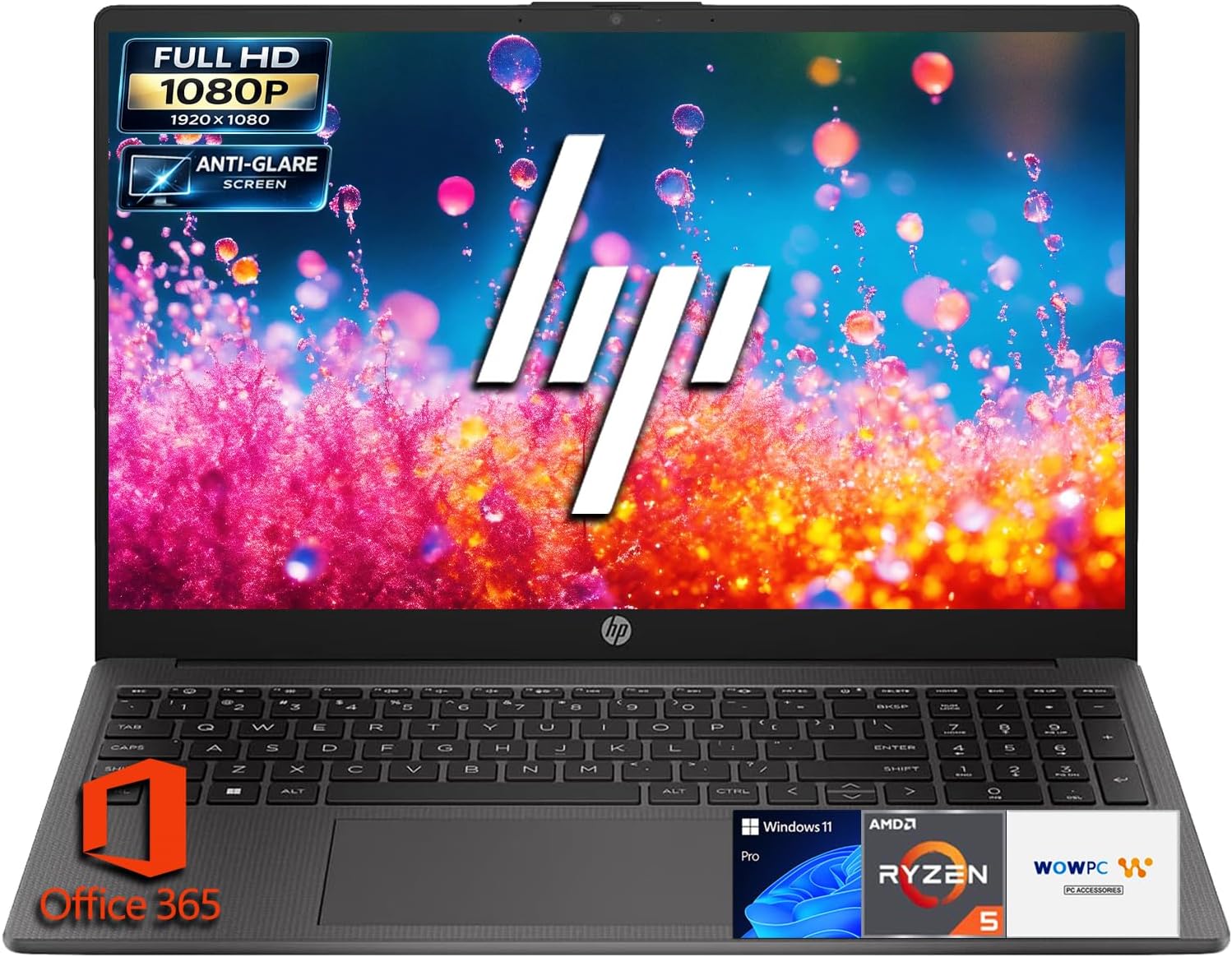 HP 255 G10 Laptop 15.6" FHD Anti-Glare, AMD Ryzen 5 7530U (Beats i7-1365U), 32GB RAM, 1.5TB Storage(1TB SSD, 500GB External Drive), WiFi 6, Windows 11 Pro, MS 365 for the Web, WOWPC 3-in-1 Bundle