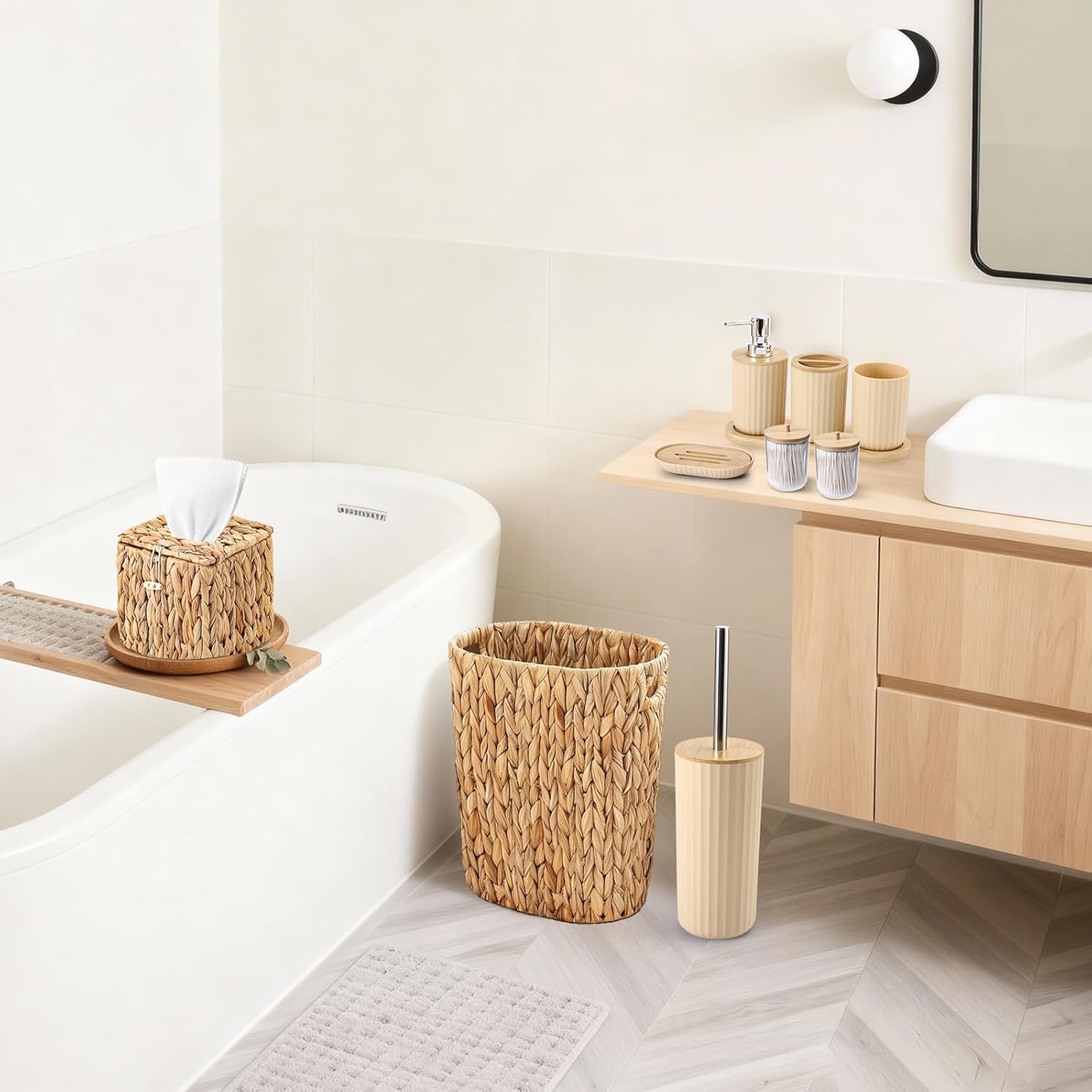 Bathroom Accessories Set,10PC Wicker Home Set with Trash Can, Tissue Box,Tray, Soap Dispenser, Soap Dish, Toothbrush Holder, Toothbrush Cup,Toilet Brush and Qtip Holders - Image 2