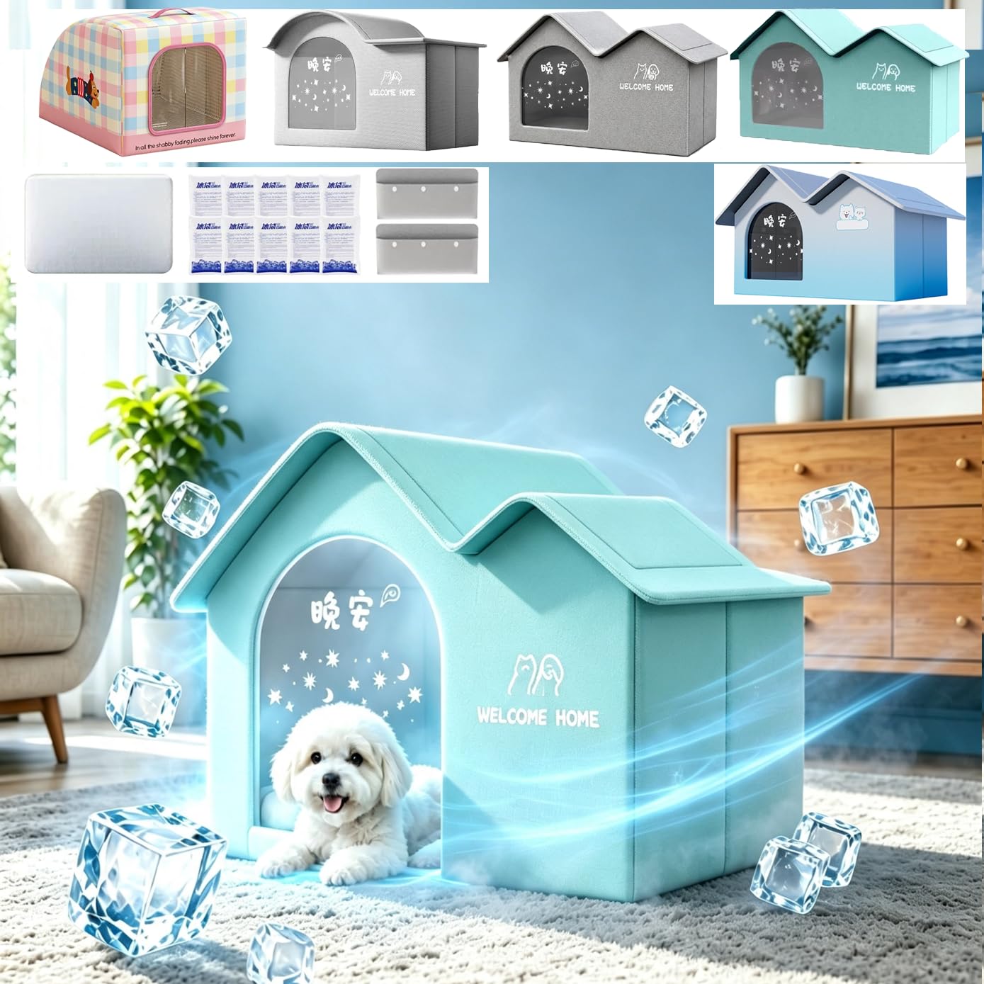 All‑Season Outdoor Cat Cooling House Weatherproof，Dog Tent Cave for Indoor in Summer or Winter with Ice Packs, Door and Soft Mat, Foldable Leak‑Proof Breathable Passive Heat‑Resistant Shelter for Pets