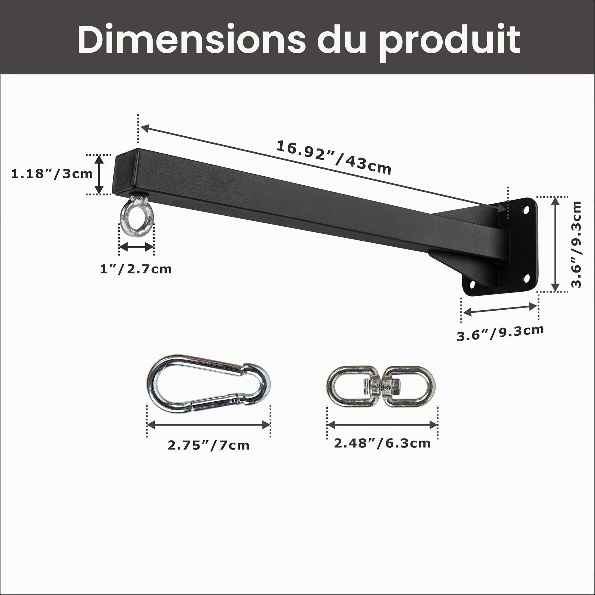 Support mural lourd pour sac de frappe - Support robuste pour sac de boxe à domicile, gym, fitness, MMA, matériel de montage inclus, crochet pivotant à 360° - Noir mat