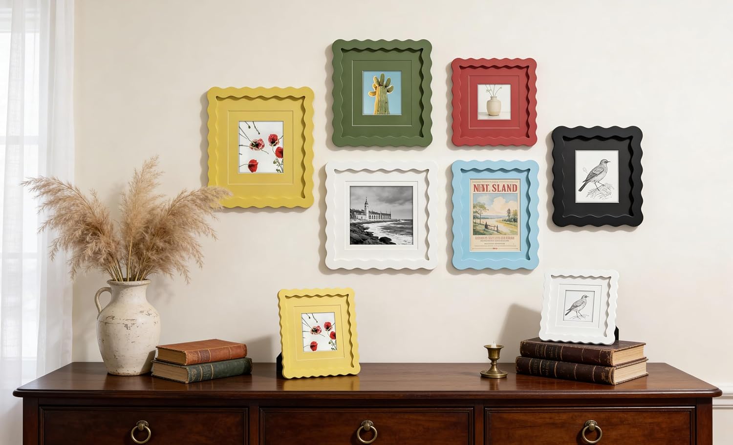 Scalloped 8x10 Picture Frame, Real Glass Wood Frame with Reversible Mat for 5x7/6x8 Prints, Wavy Edge for Wall or Tabletop, Decorative Photo Frame, Yellow