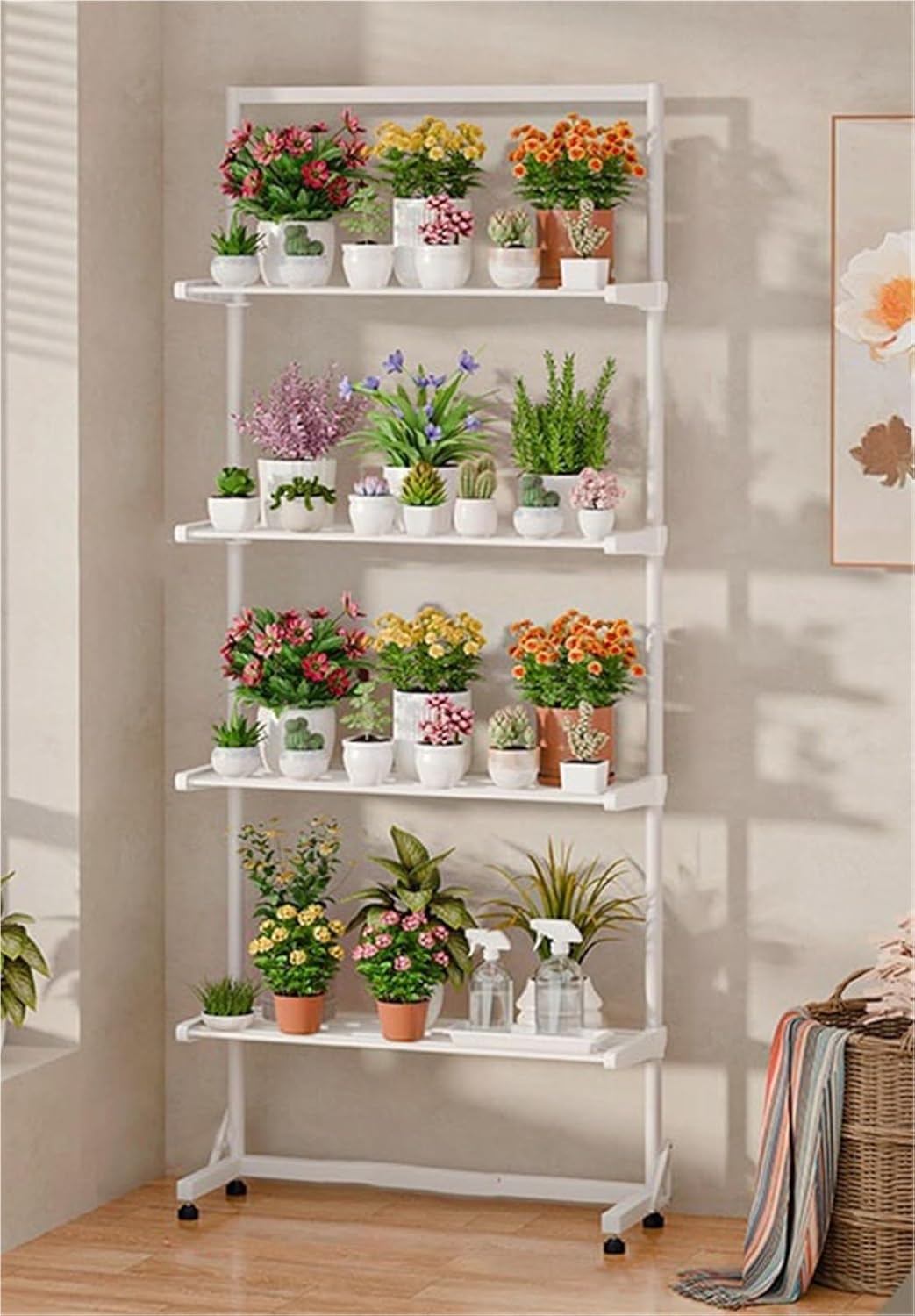 Movable Standing Storage Shelf Metal Plant Rack Outdoor Shelf for Multiple Plants Multi-tiered Corner Flower Rack Plant and Flower Display Stand for Home Garden Solid Construction(4 Tier W53 cm)