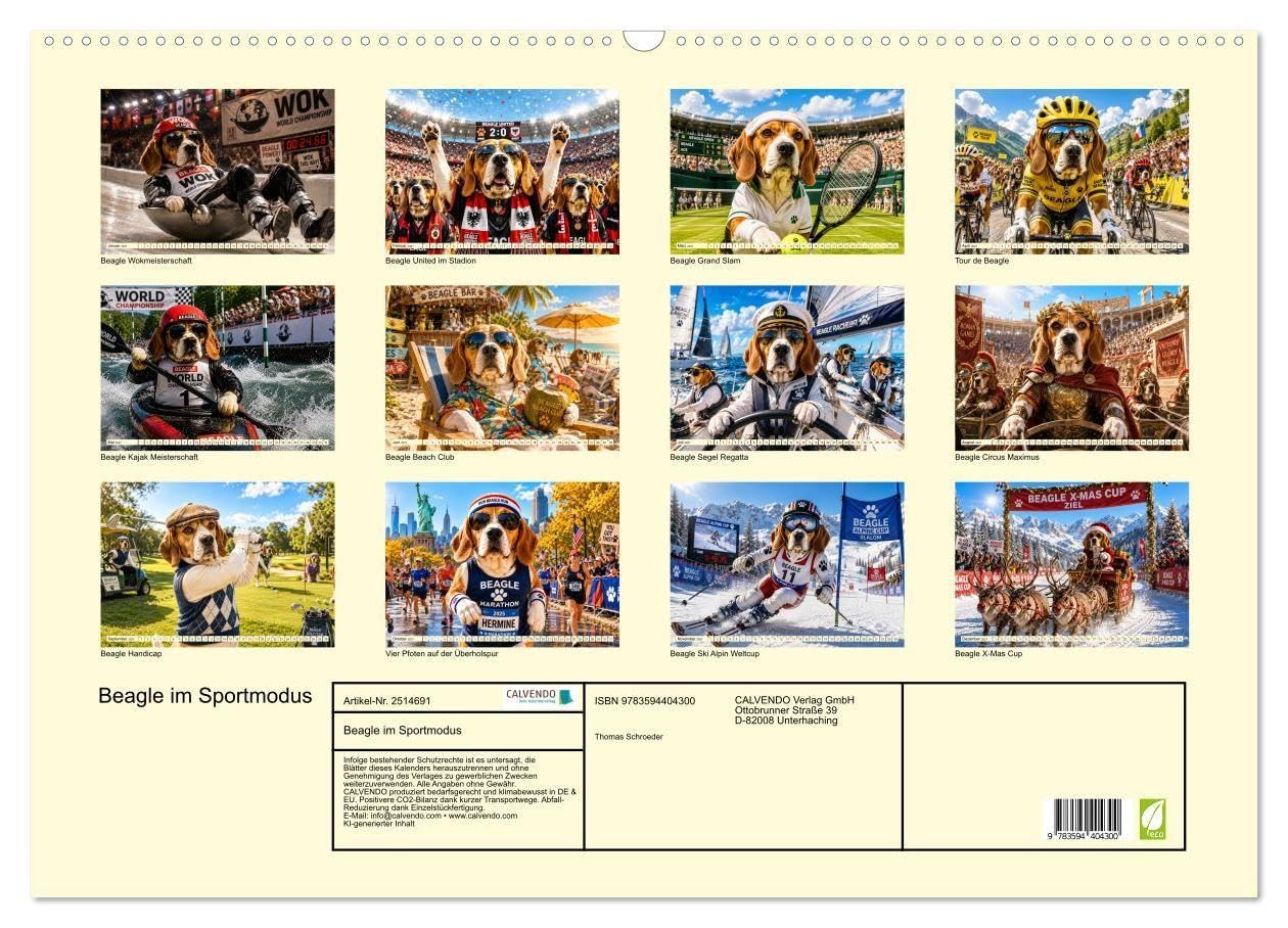 Beagle im Sportmodus (Wandkalender 2027 DIN A2 quer), CALVENDO Monatskalender: Beagle-Power: Sportlich durchs Jahr