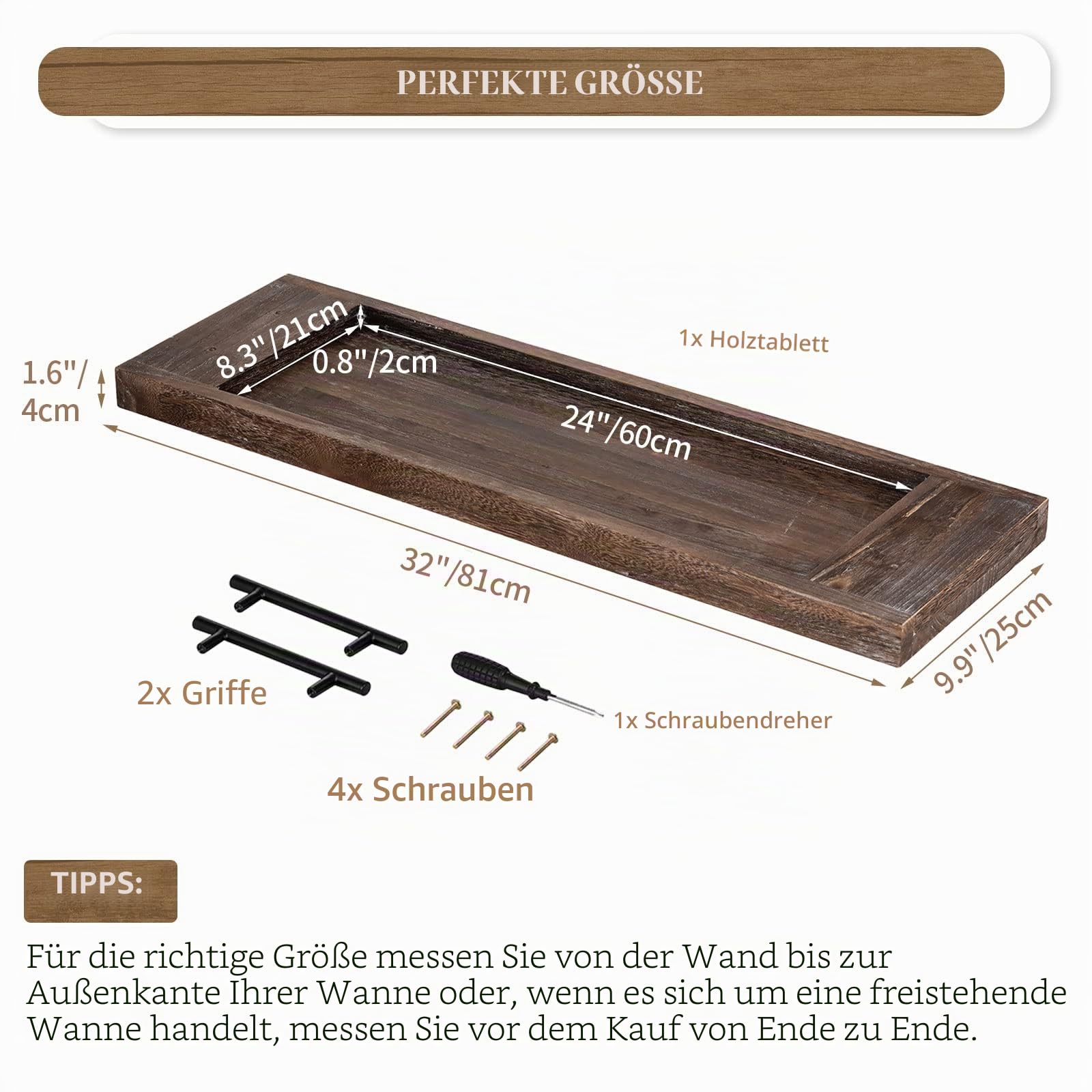Hanobe Badewannenablage Serviertablett Holz Groß: Rustikal Badewannenbrett Rechteckig Extra Großes Holztablett Deko Badesofa Zubehör Tablett mit Henkel Badewannenregal für Badewanne 80cm