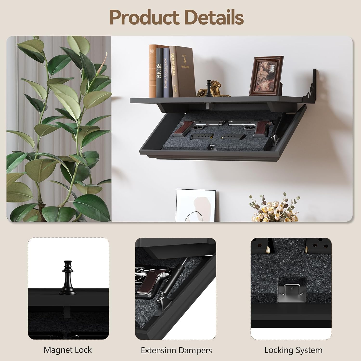 Lvifur 24" Compact Gun Shelf, Gun Rack with Automatic Induction Lock with Secure Hidden Compartment for Wall Mount Display, Storage Security Safe Box for Home