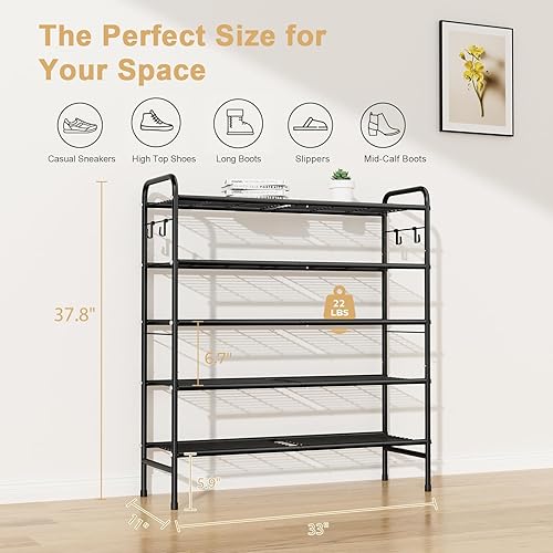 Miniatura 3 de Zapatero de 5 niveles de 33 pulgadas de ancho, organizador de zapatos largo con 4 ganchos laterales, estante resistente para zapatos para armario,
