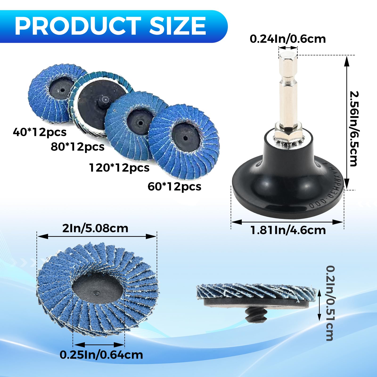 Yetaha 48 sztuk tarcz wachlarzowych 50 mm, 2 cale tarcze szlifierskie, ziarnistość 40/60/80/120, z talerzem obrotowym 1/4 cala, 1 pręt okrągły i 1 pręt sześciokątny do szlifierki kątowej