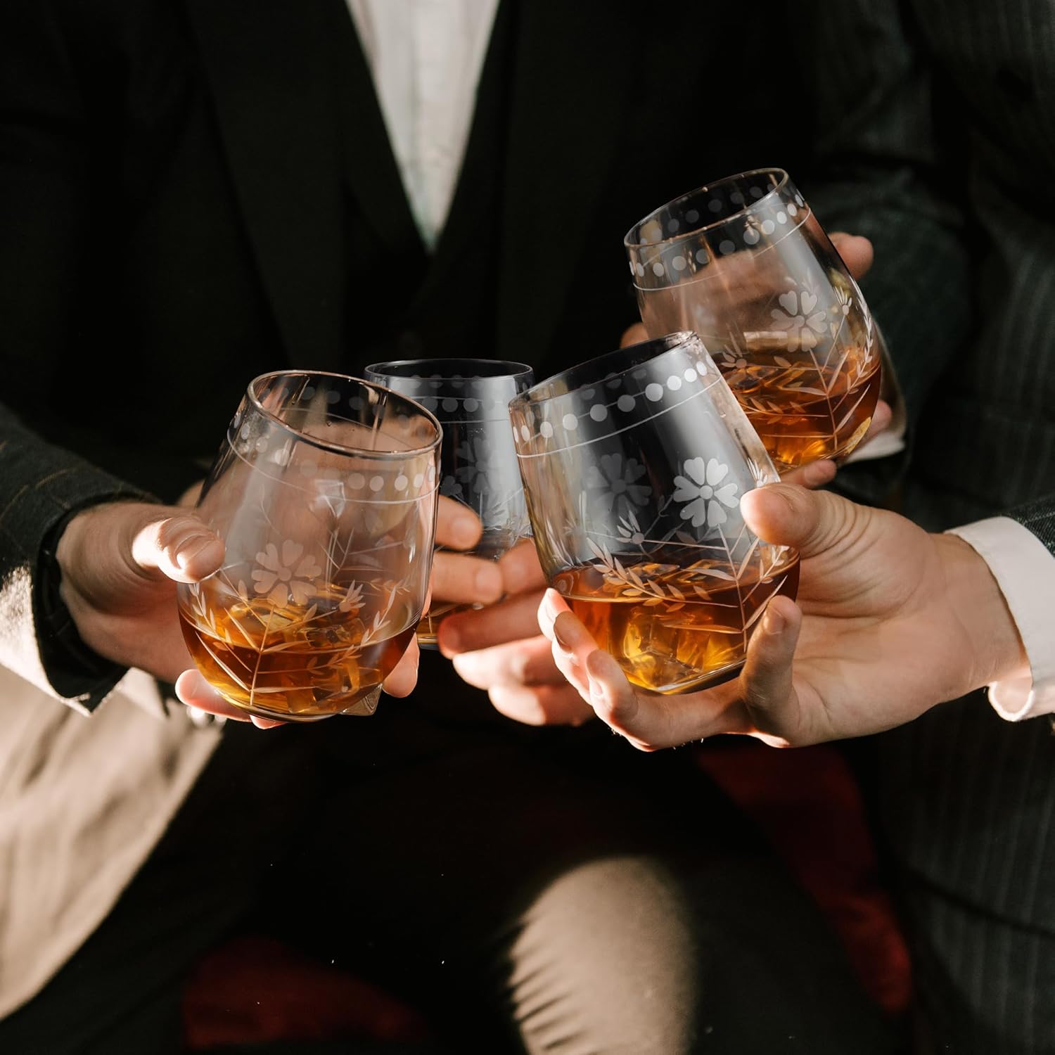 Joeyan Hand Blown Etched Stemless Wine Glasses,Carved Red and White Wine Tumbler with Floral Pattern,Clear Drinking Glass Cups,Glassware for Birthday Party Anniversary,19 oz,Set of 4,Dishwasher Safe - Image 4