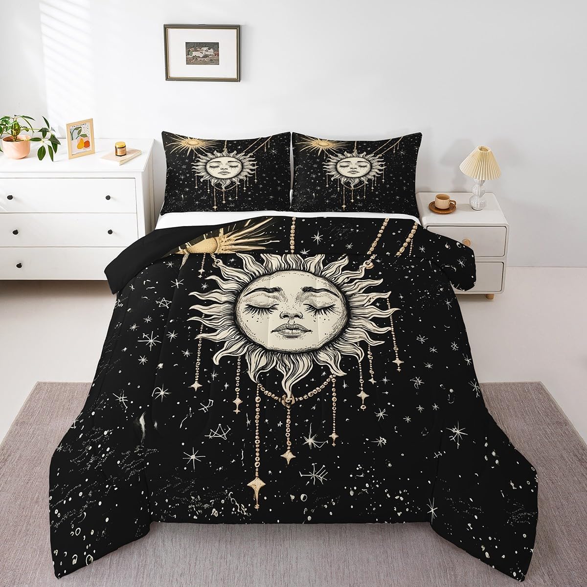 Feelyou Boho Star Moon Sun Comforter Set Queen Size for Kids Teens Youth Room Decor Sun and Moon Bedding Comforter Constellation Soft Polyester Quilt Set with 1 Comforter and 2 Pillow