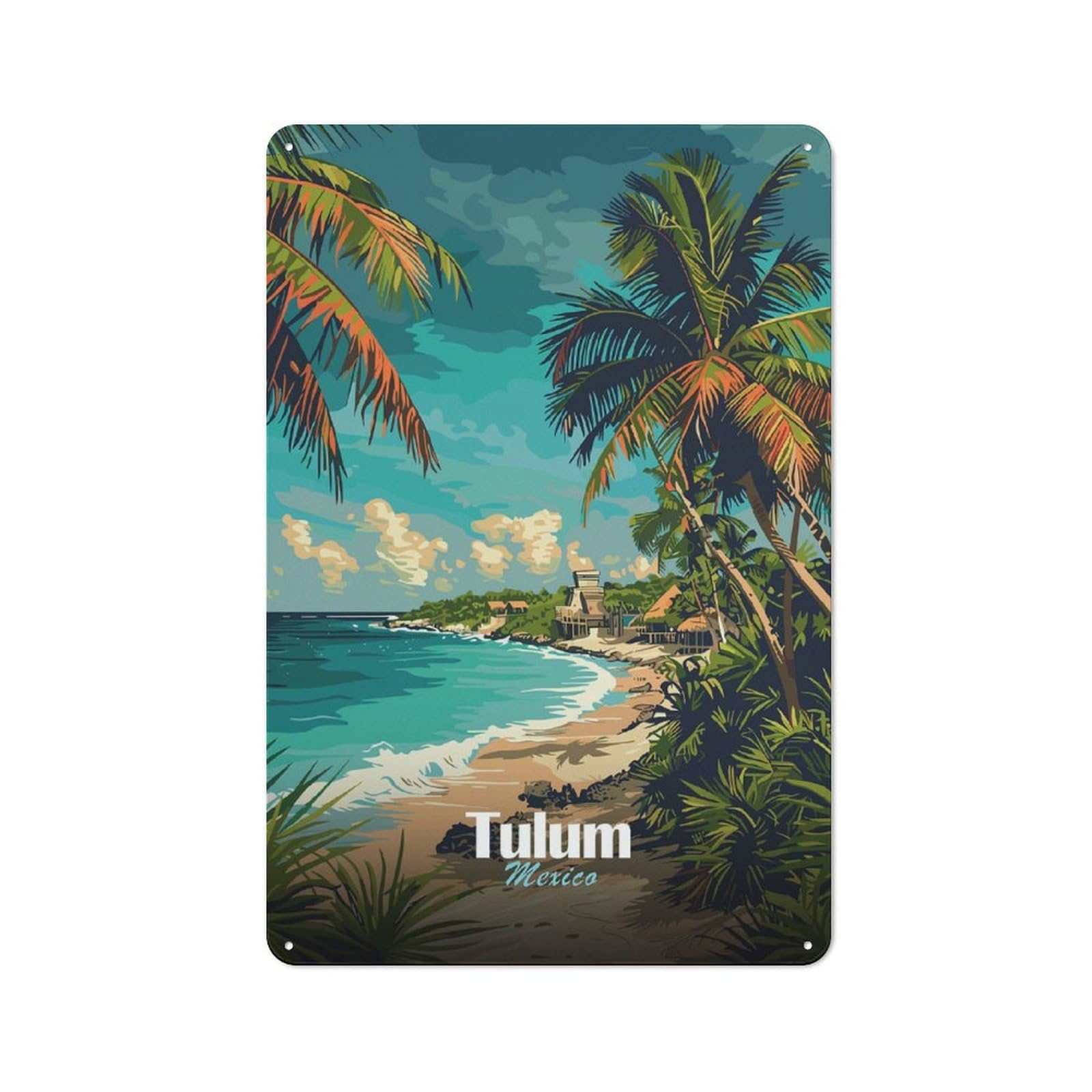 Junmoney Style-6 Tin Sign With Tulum Mexico Beach Travel Design 30X20cm, Understated Studio Wall Plaque For Hobby Room, Office, Lounge Or Living Room