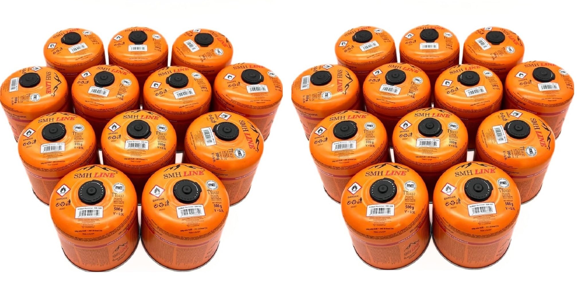 SMH LINE® 24x 500g Butan Schraubkartusche Universalgewinde 7/16 Gaskartuschen Ventilkartusche EN 417 Gewinde Ventil Bunsenbrenner Propan Mix Campingkocher Gaskocher Gasheizung Lötbrenner