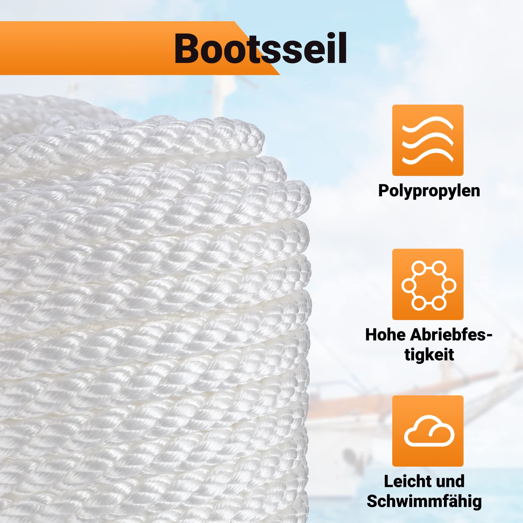 CarBole Tauwerk für Boote 12mm*91m, 2653KG Dock Line Rope | Festmacherleine und Camp-Seil, ideal für Camping und Bootfahren im Freien