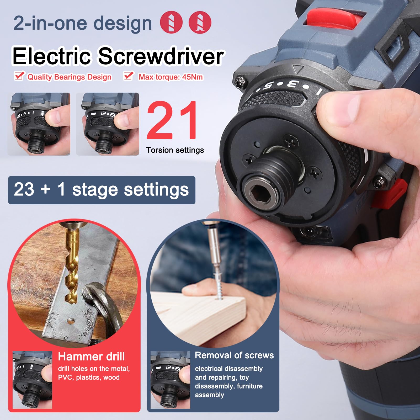 Tournevis électrique multifonction 16,8 V, couple de 45 Nm, moteur sans balais, tournevis pratique pour appareils ménagers, installation de meubles, réparation d'électronique automobile