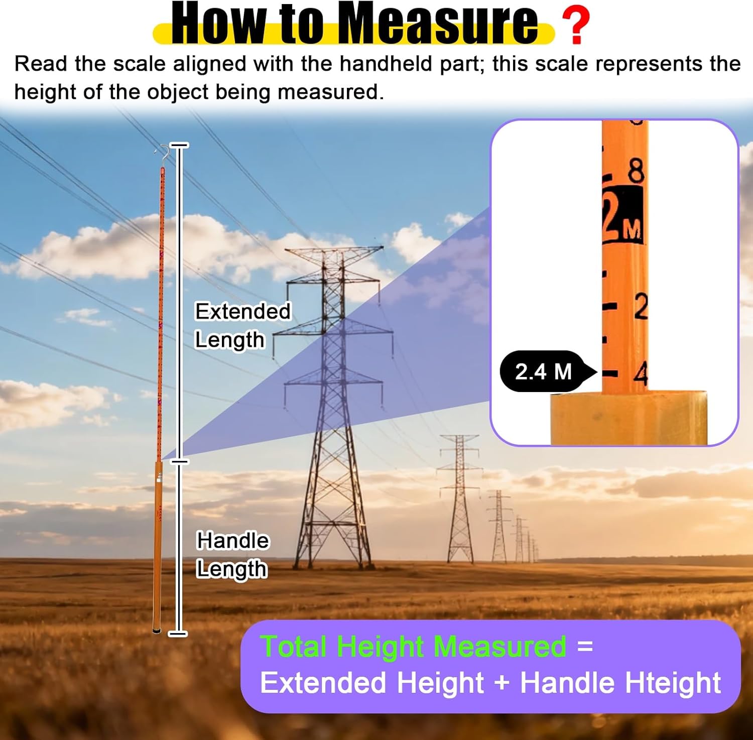 Non-Conductive High Voltage Measuring Stick, 36 ft Telescoping Insulated Survey Rod for Live Power Site Surveying & Height Measurement (10 m/32.8 ft),10 m/32.8 ft