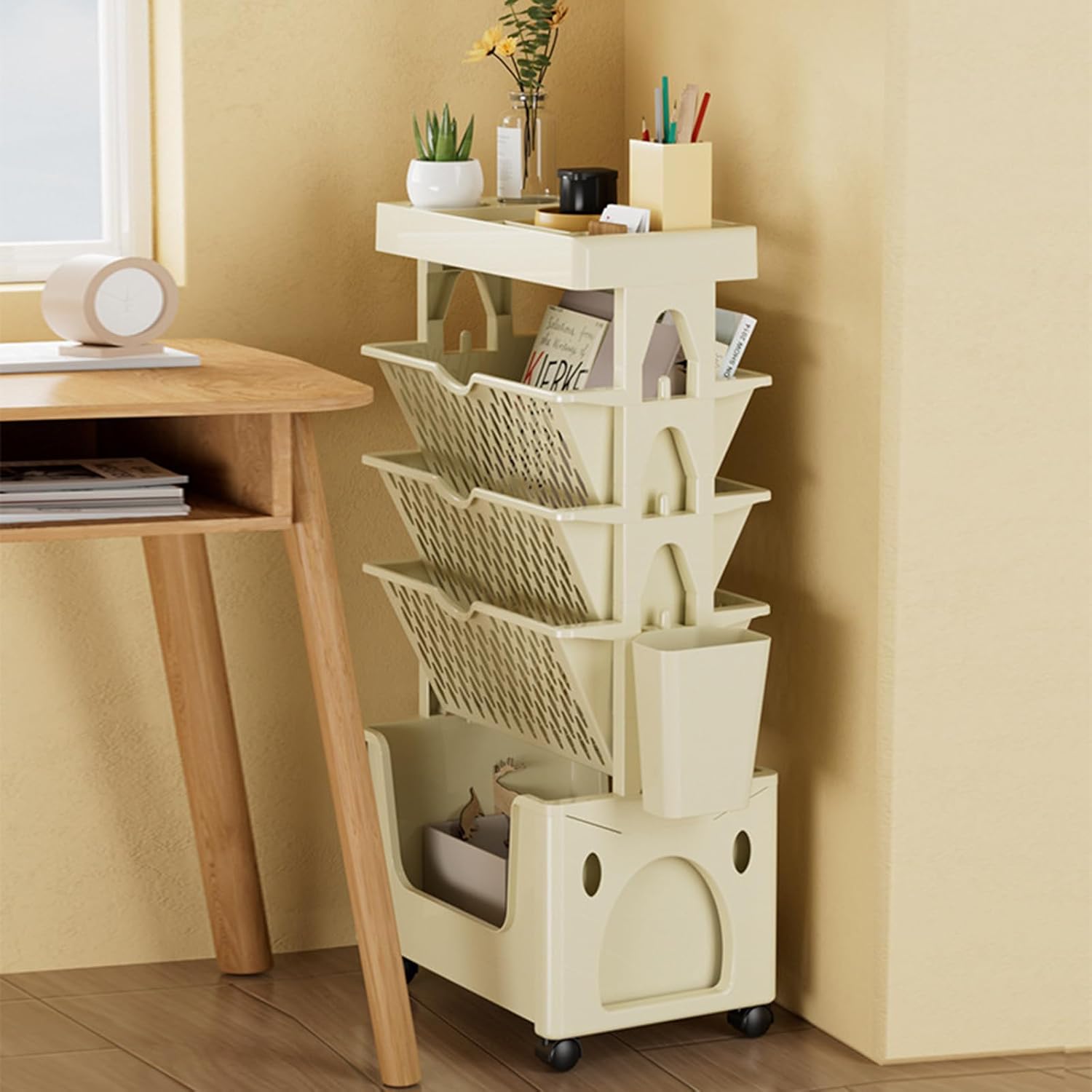 Book cartRolling File cart with lid, 5 Tier Mobile Bookshelf cart Storage Shelves Rolling Utility cart for Office, Dorm, Classroom, Nursery,Pink