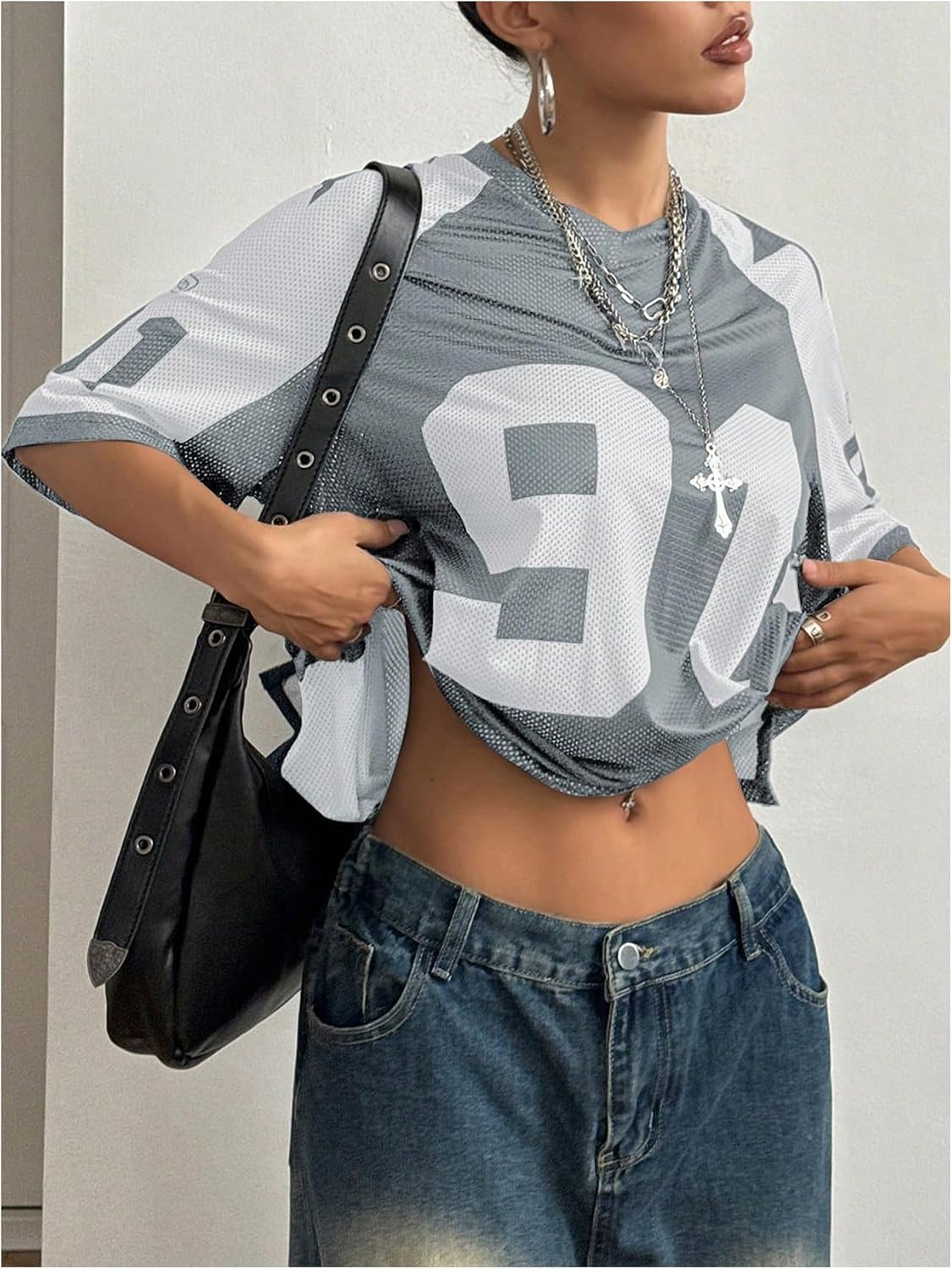 SHENHE Women's Oversized Graphic Mesh Football Jersey Shirt Tee Top