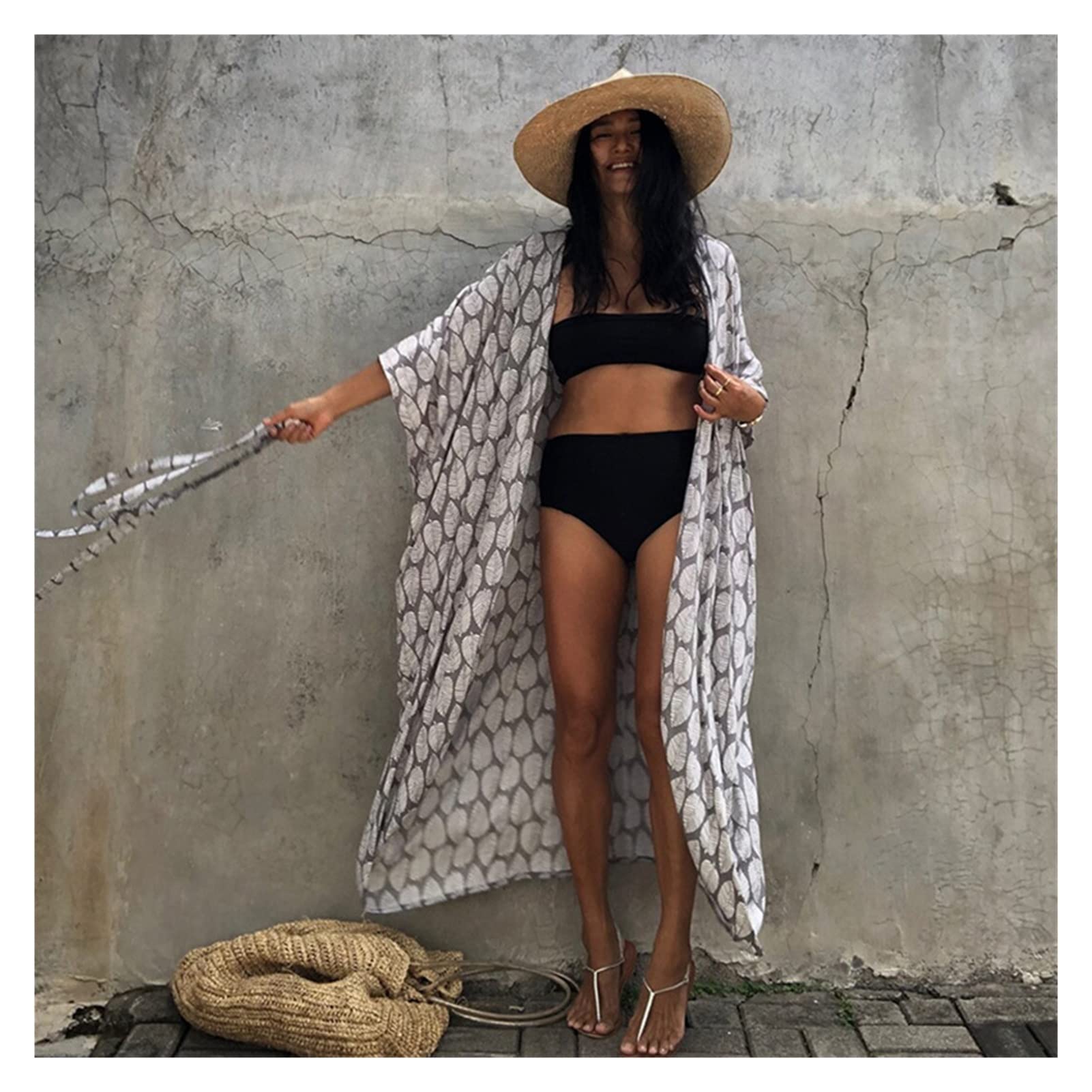 Copricostume da Spiaggia for Costumi da Bagno Donna Kimono Nero Tie-Dye Costume da Bagno Mantello Abito Estivo Abiti da Spiaggia (Color : Gray Leaf Cover up, Size : One Size)