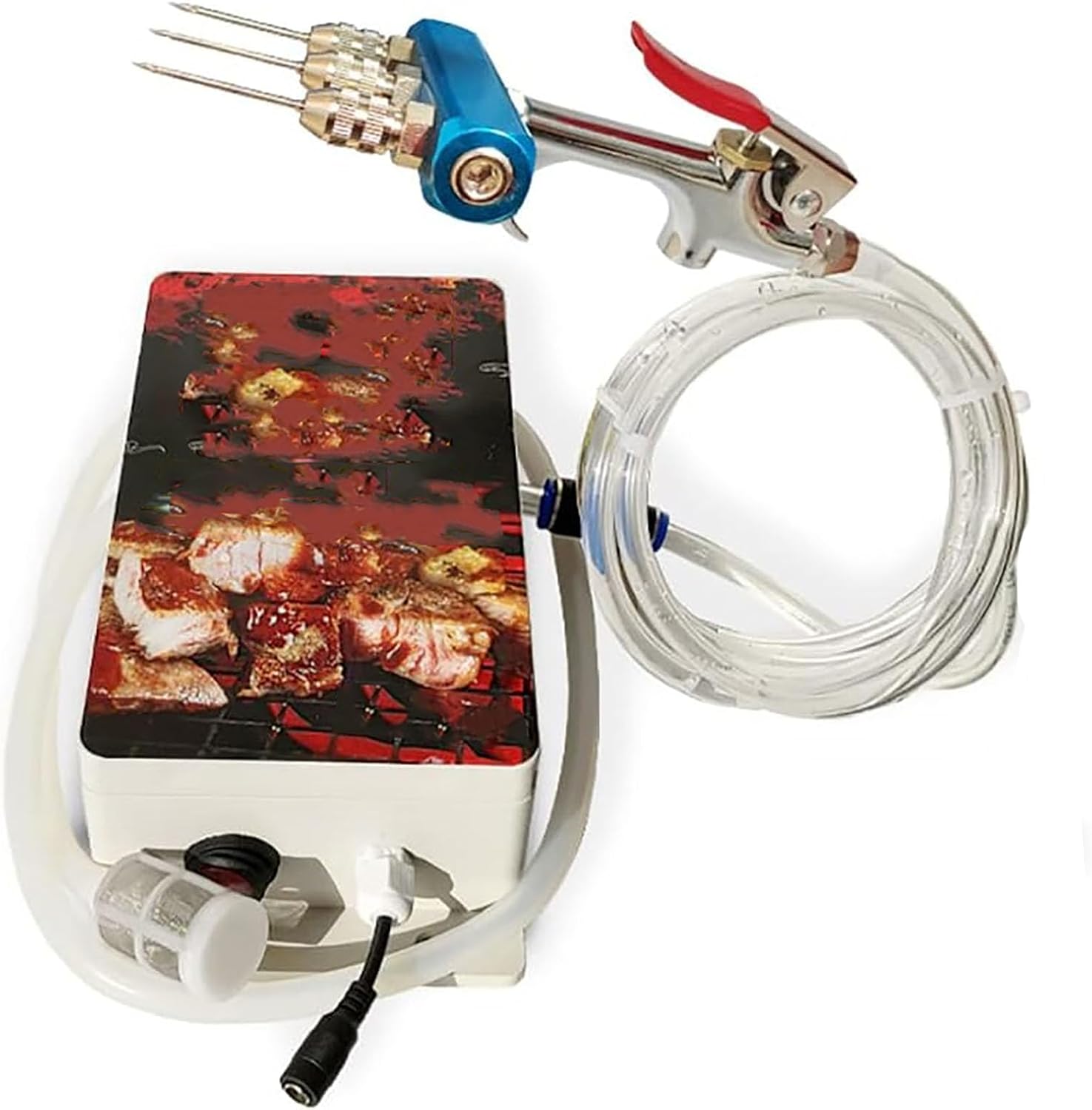 High Pressure Electric Bacon Pump Gun, Food Grade Electric Injector Meat Processor 60W with 10Pcs Needle (Three Needle), 5kg Pressure and 1.8kg Weight for Cooking Grill Smoker Barbecue