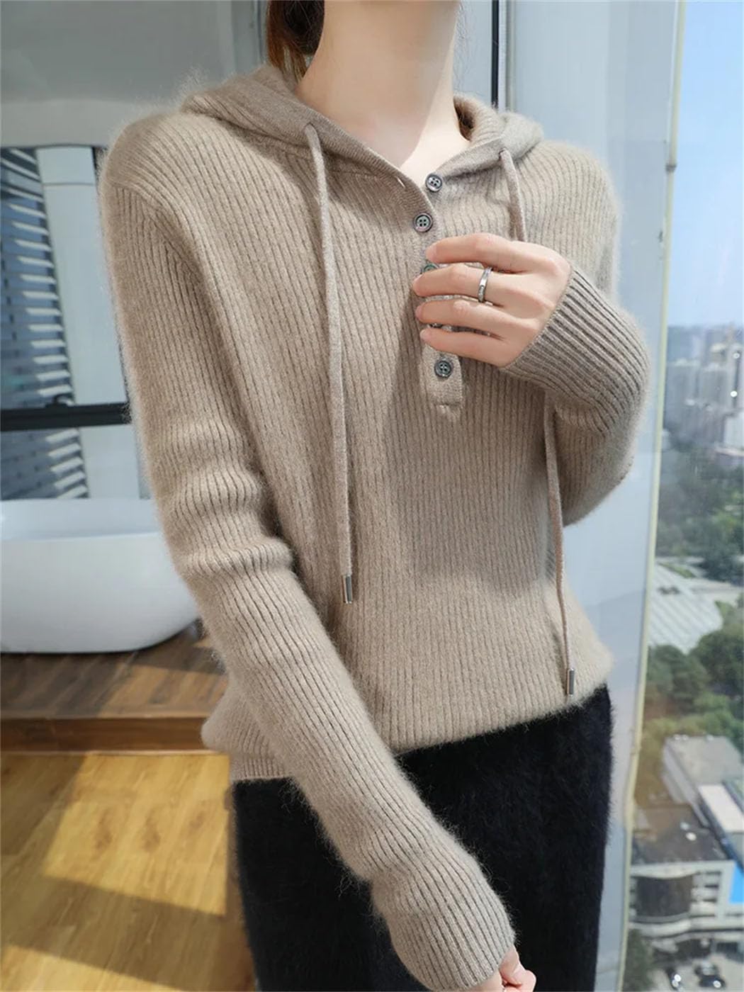 Women's 100% Mink Cashmere Sweater Long Sleeve Buttons Drawstring Hooded Pullover Soft Warm Sweatshirt