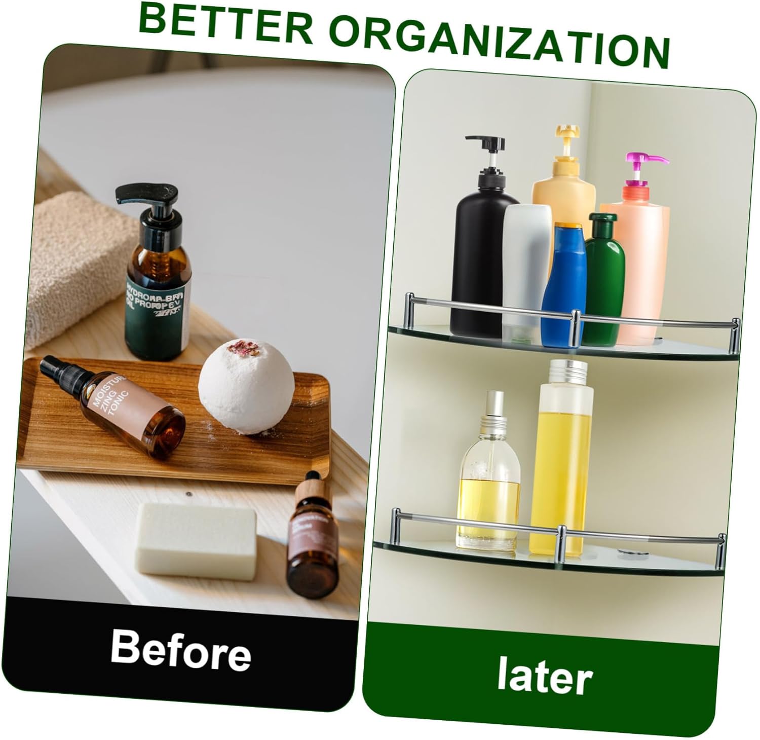 Unomor 2-Pack Stainless Steel Glass Corner Shelf Bathroom Wall Mounted Storage Shower Gel and Shampoo Holder Space-Saving Organizer for Bathroom