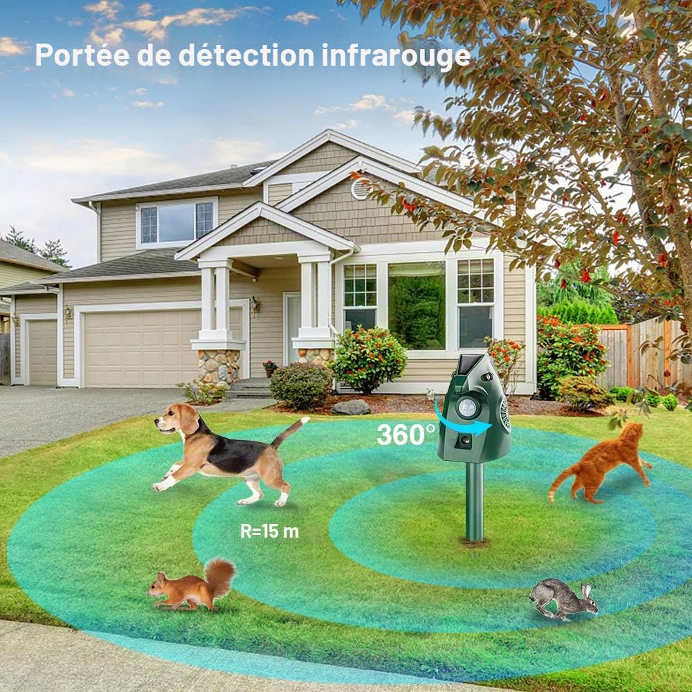 Répulsif Chat Extérieur, Repulsif Ultrason Chat Solaire Ultrason Anti Chat Chien, Charge de Solaire USB, Répulsif Chat Chien Jardin pour Chats, Oiseaux, Renard, Souris et Rat, Pigeon, Lapin