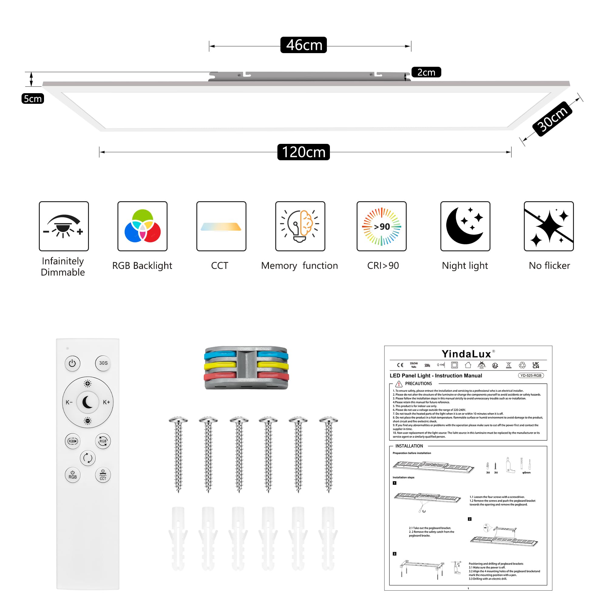 YindaLux 2er LED Panel 120x30cm mit RGB-Backlight 40W 4000lm Dimmbar Weiß | 2700–6500K einstellbar, Fernbedienung, Nachtlicht, Speicherfunktion, flache Bauform, für Küche, Büro, Wohnzimmer