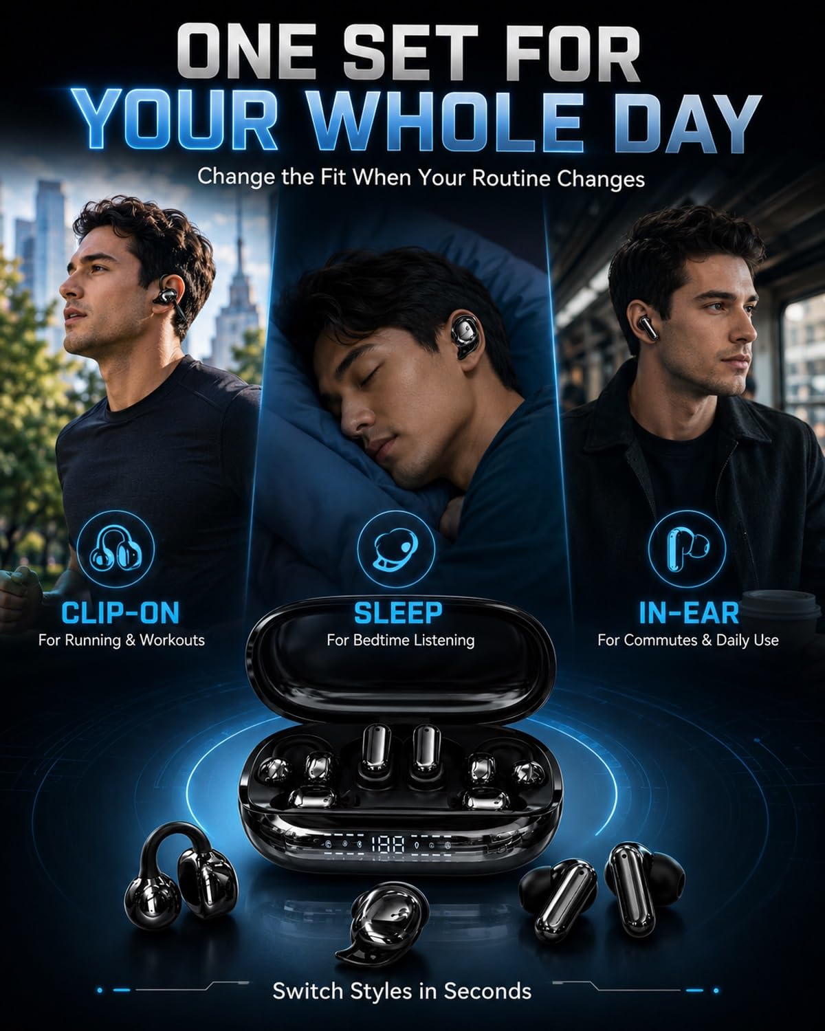 Auriculares inalámbricos Bluetooth 3 en 1 con funda de banco de energía recargable, auriculares intercambiables con clip, auriculares intraurales y para dormir, ecualizador de aplicación