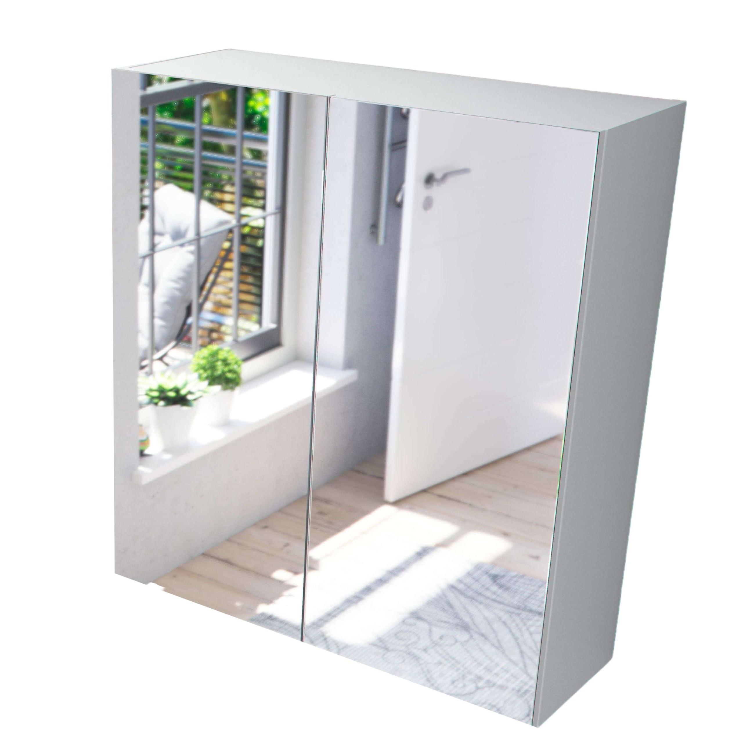 ARKITMOBEL Mueble Camerino Dos Puertas para Baño, Modulo con Espejo y Estantes, Acabado en Blanco Brillo, Medidas: 60 cm (Ancho) x 65 cm (Alto) x 21 cm (Fondo)