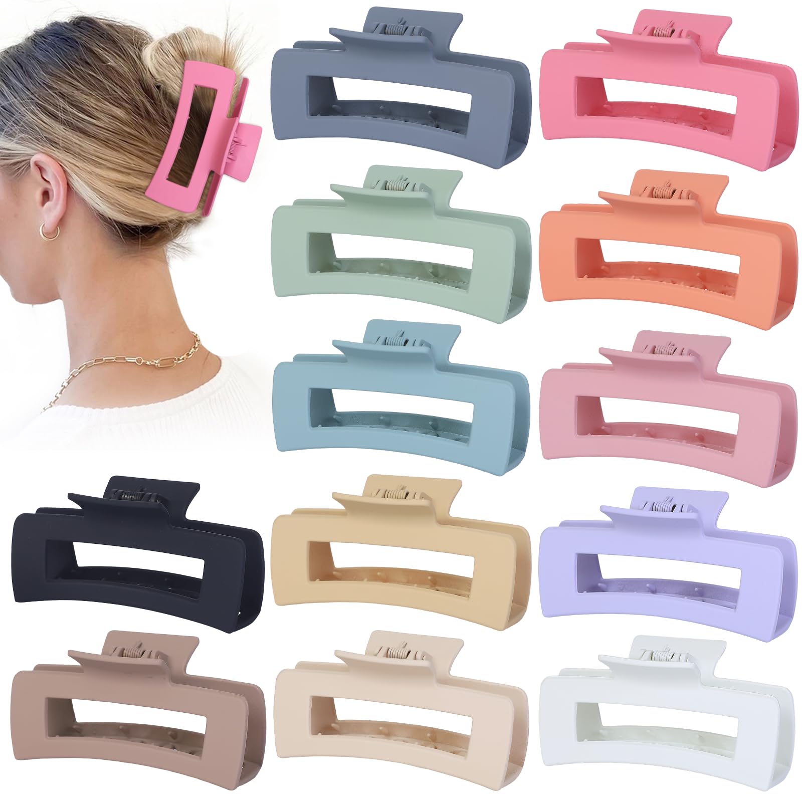 Sisiaipu 4.1 Inch Large Hair Claw Clips 12 Pcs Big Claw Clips for Thick Hair Square Hair Clips Jumbo Jaw Clips Bulk Hair Accessories for women and Girls - Colorful