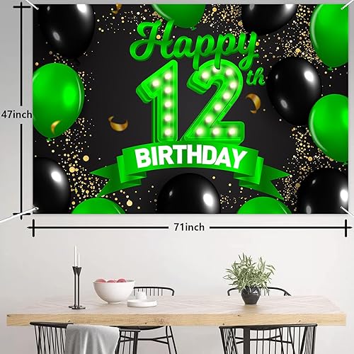 Miniatura 2 de Cartel de feliz cumpleaños número 12, color verde y negro, telón de fondo con texto en inglés "Cheers to 12 years old confeti", globos de confeti,